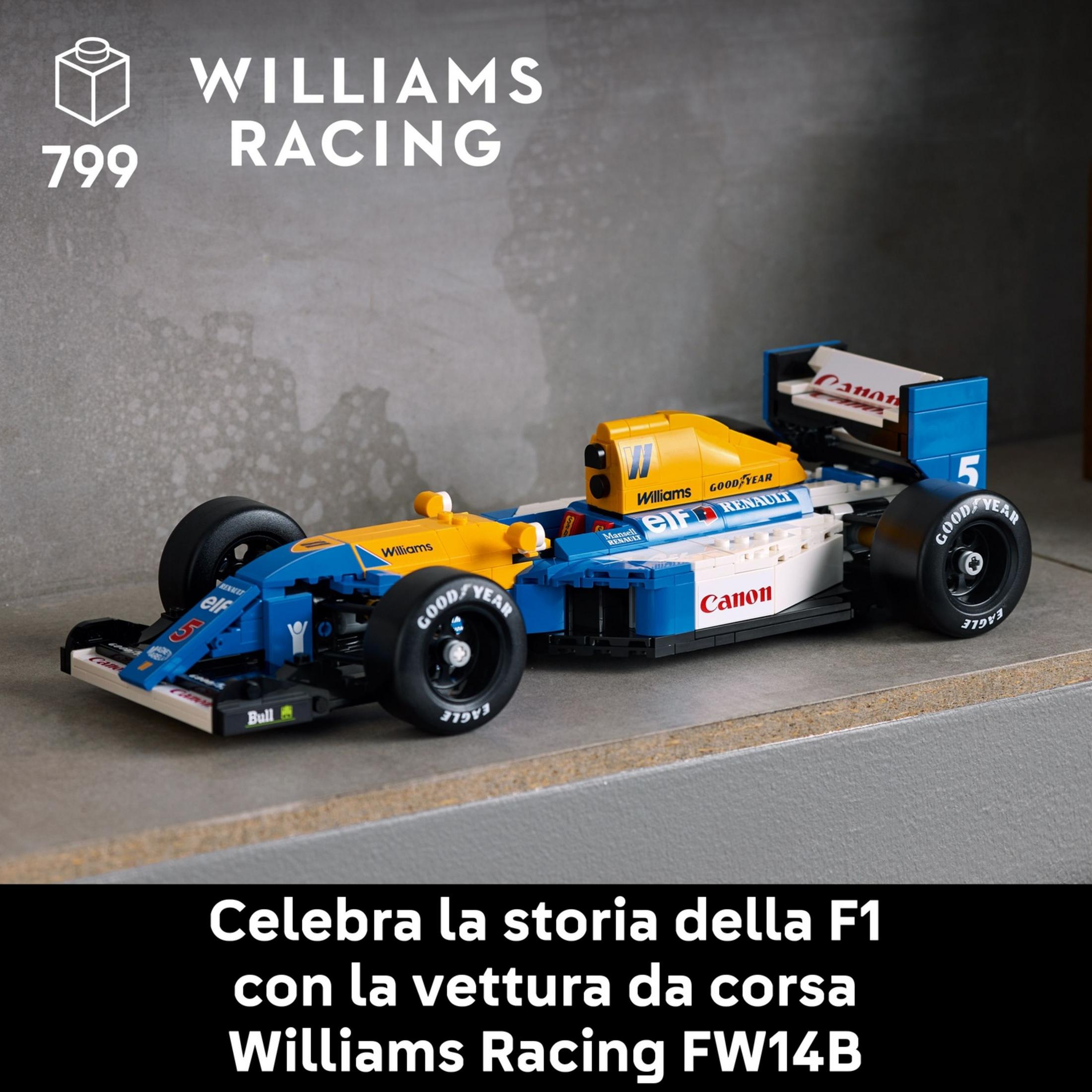 Model Lego samochodu Williams FW14B F1 w kolorze niebieskim, żółtym i białym.