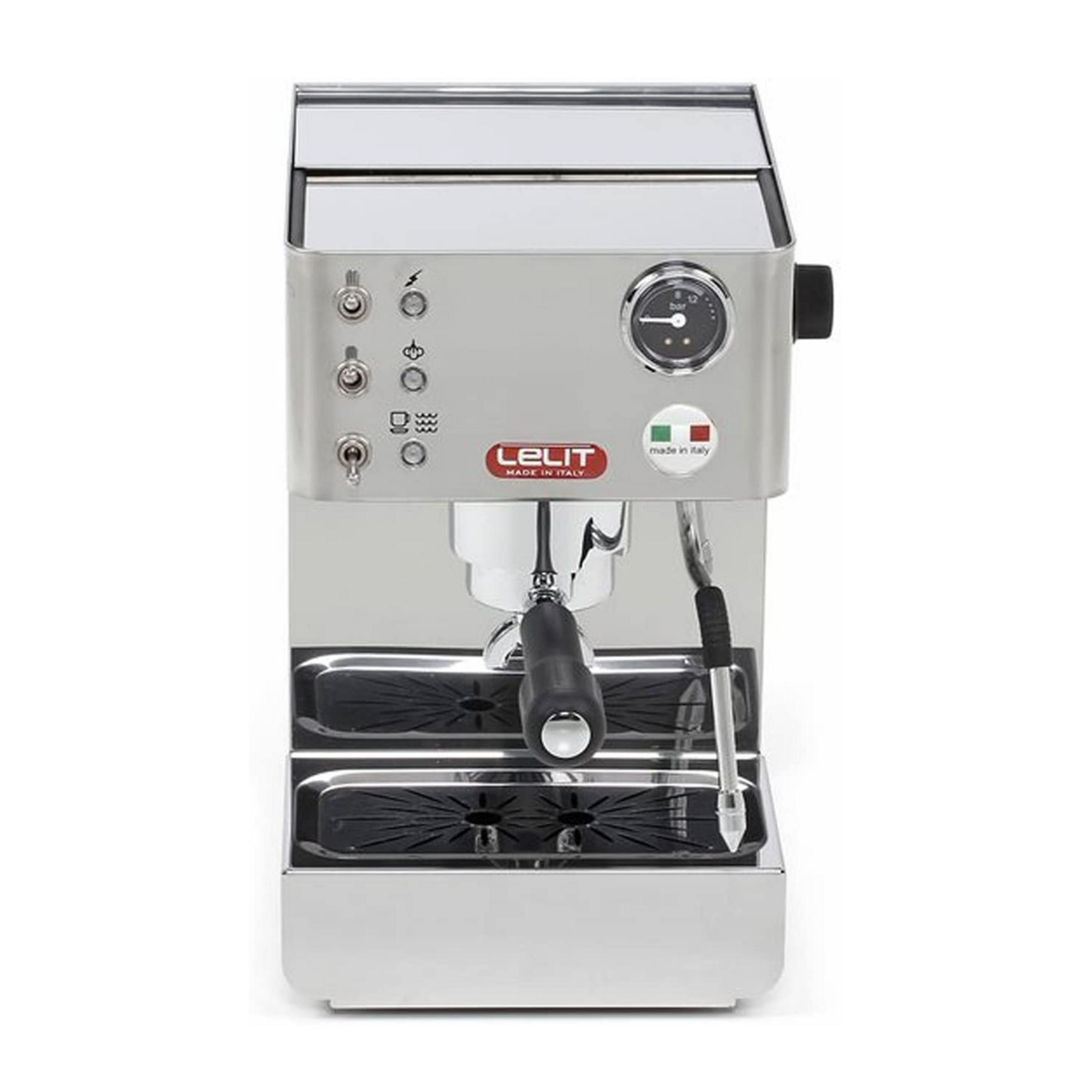 Eine silberne Espressomaschine mit schwarzem Hebel und Manometer.