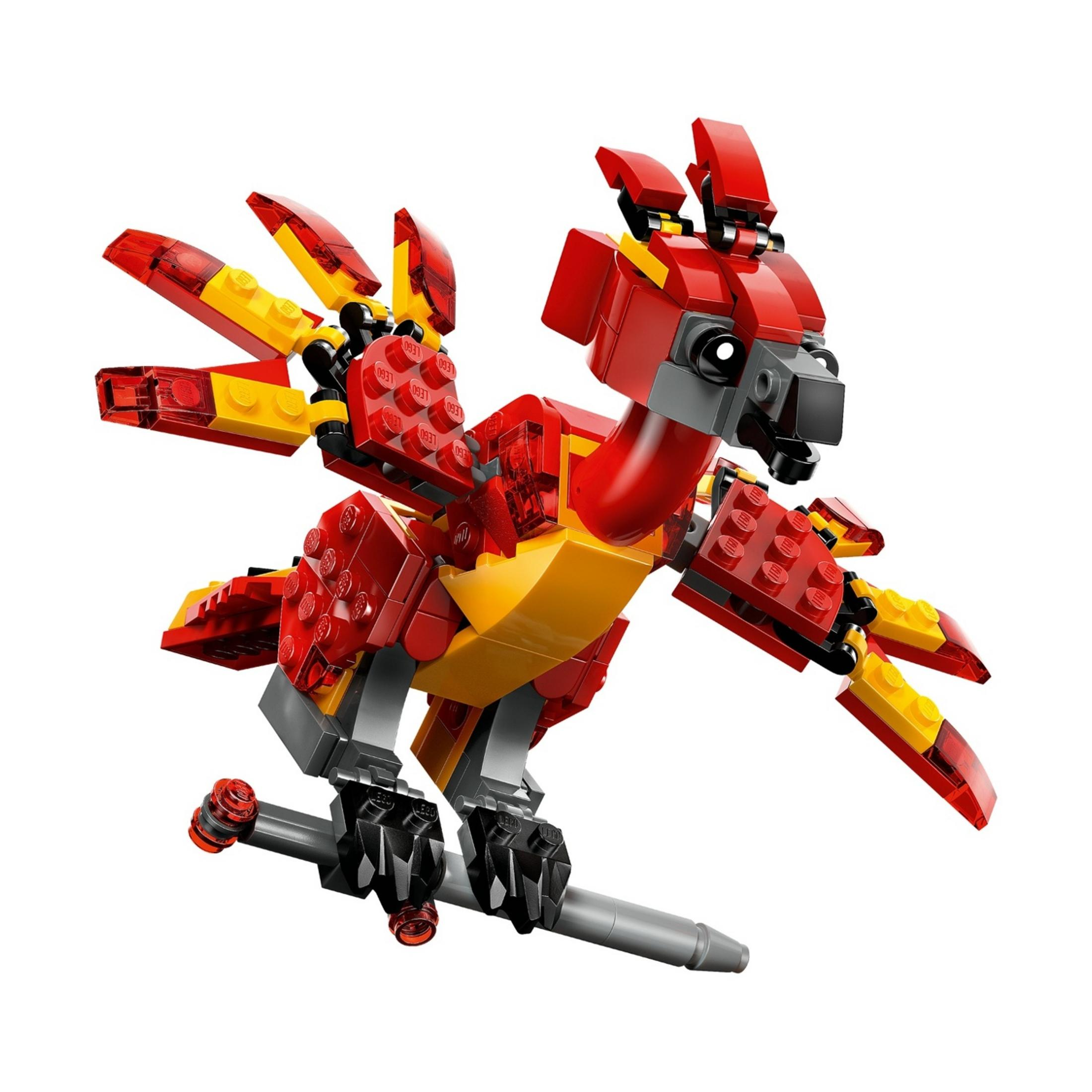 Czerwony i żółty feniks Lego leci na gałęzi z czarnymi pazurami.