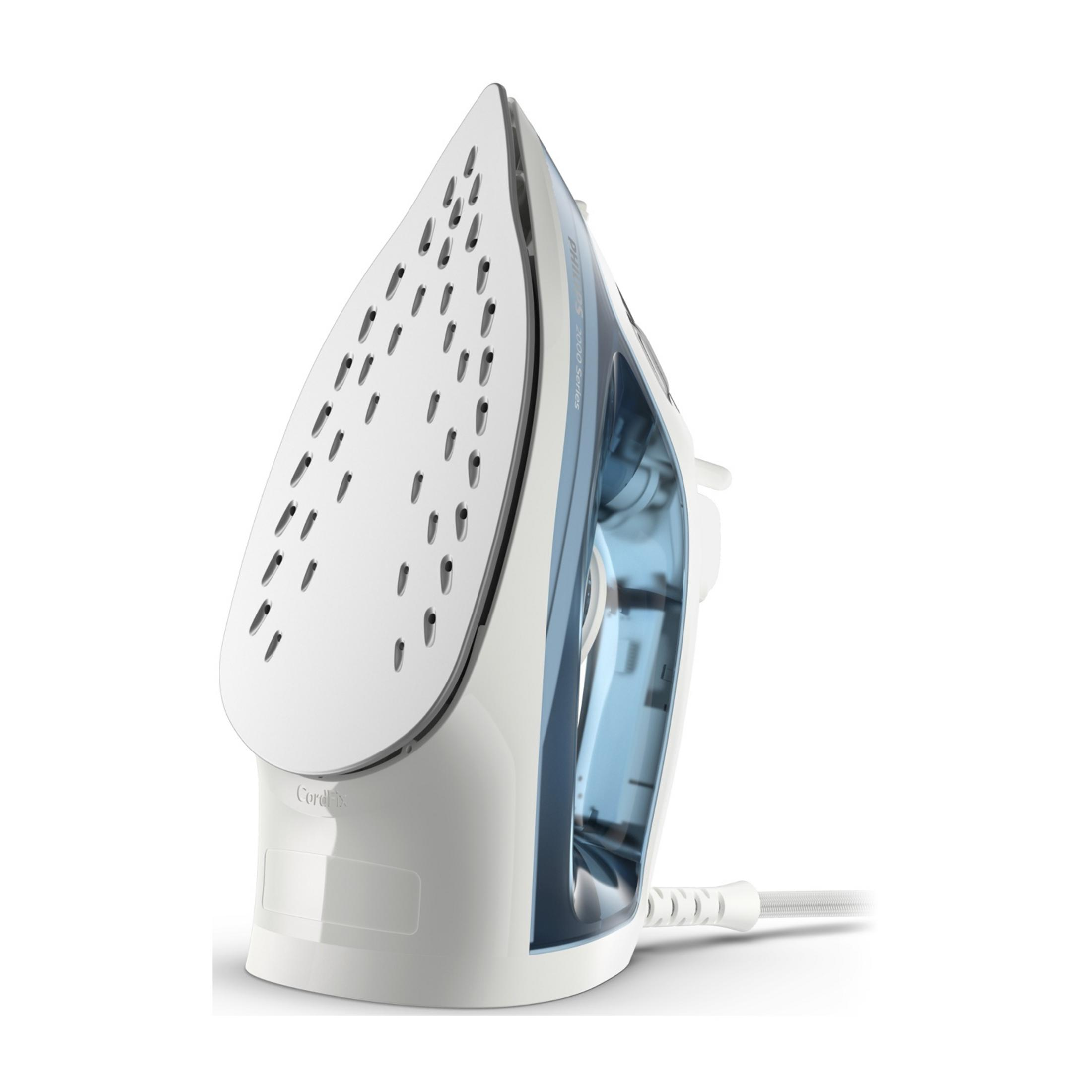 Białe żelazko z niebieskim zbiornikiem na wodę i białym kablem.