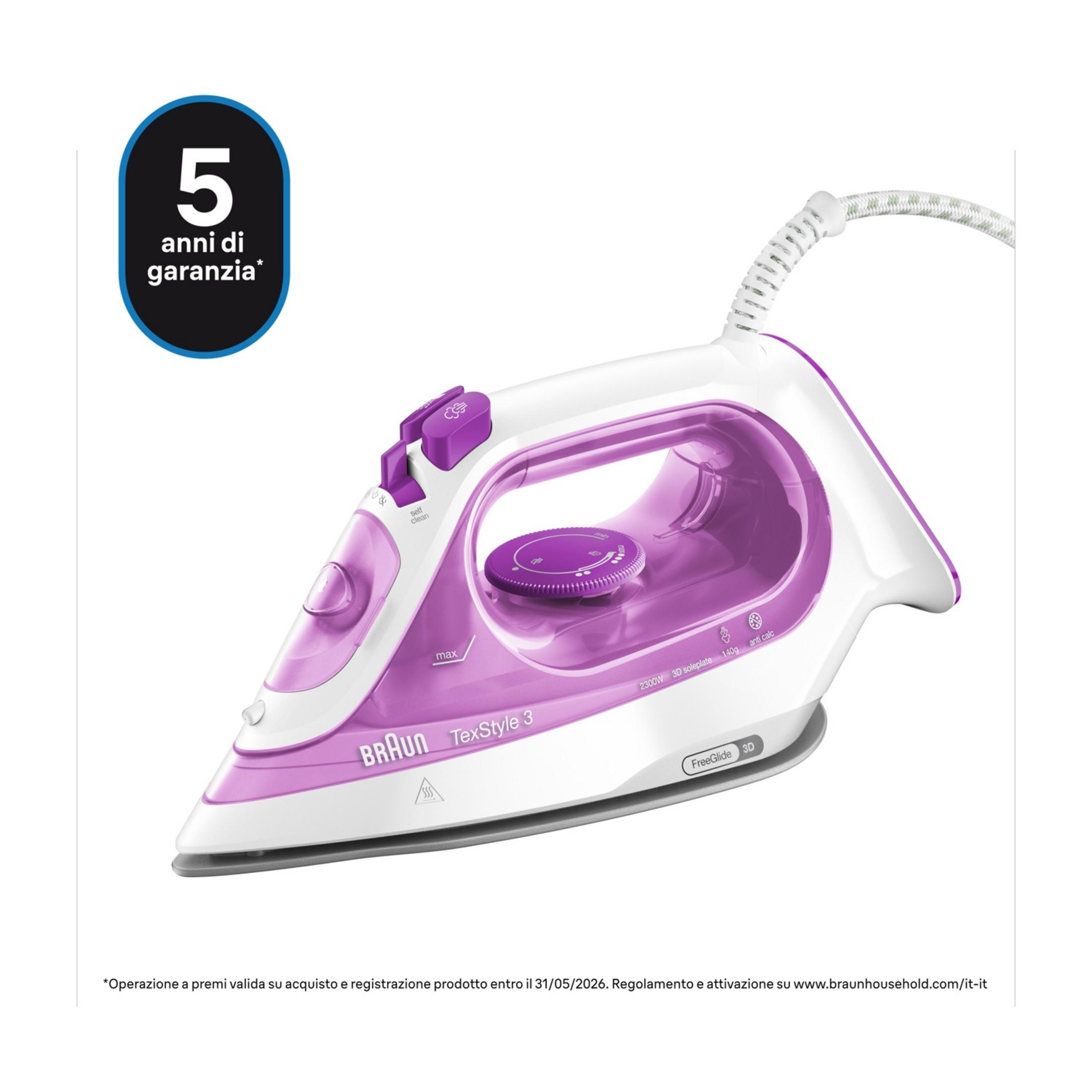 Fioletowe i białe żelazko Braun TexStyle 3 z kablem.