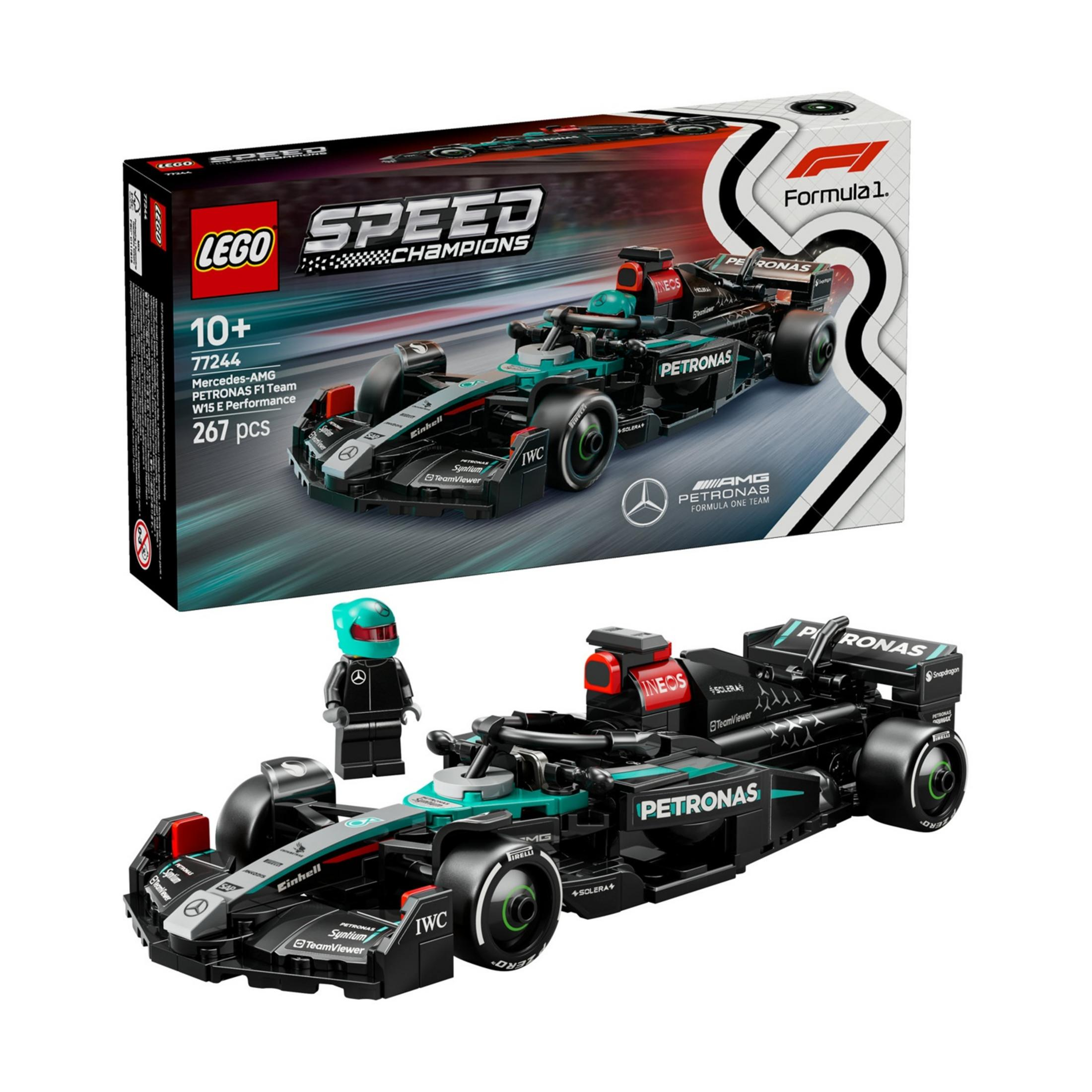 Samochód F1 LEGO Mercedes z minifigurką i pudełkiem. Czarny, turkusowy, czerwony.