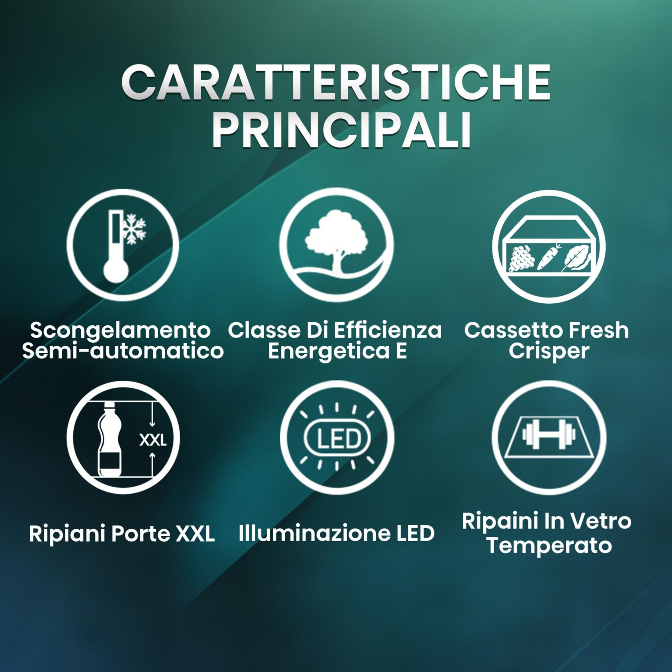 Caratteristiche frigo: scongelamento semi-auto, classe E, cassetto Fresh Crisper, ripiani XXL, illuminazione LED.