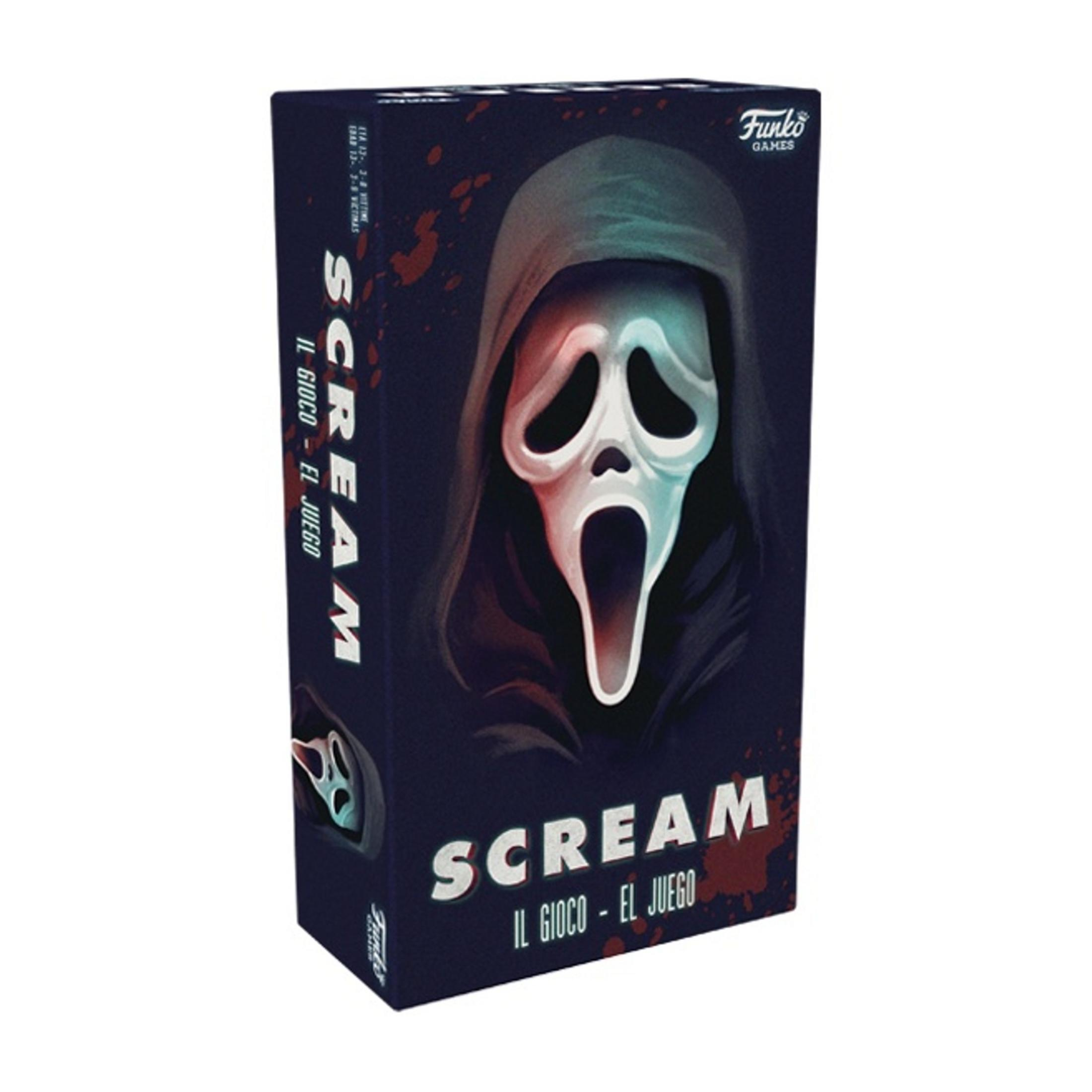 Caja del juego de mesa Scream con máscara de fantasma y salpicaduras.