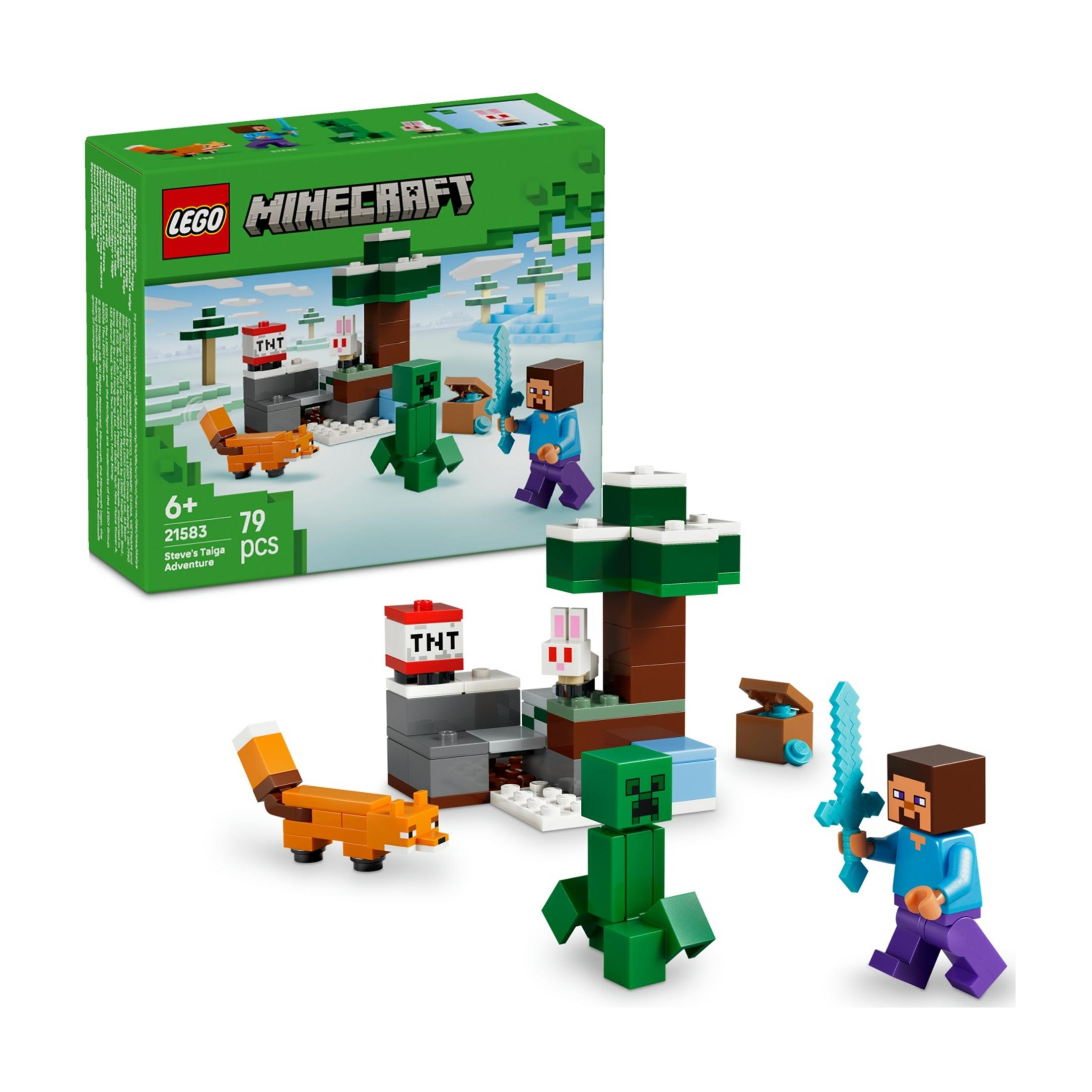 Zestaw LEGO Minecraft ze Steve'em, Creeperem, lisem, królikiem i TNT.