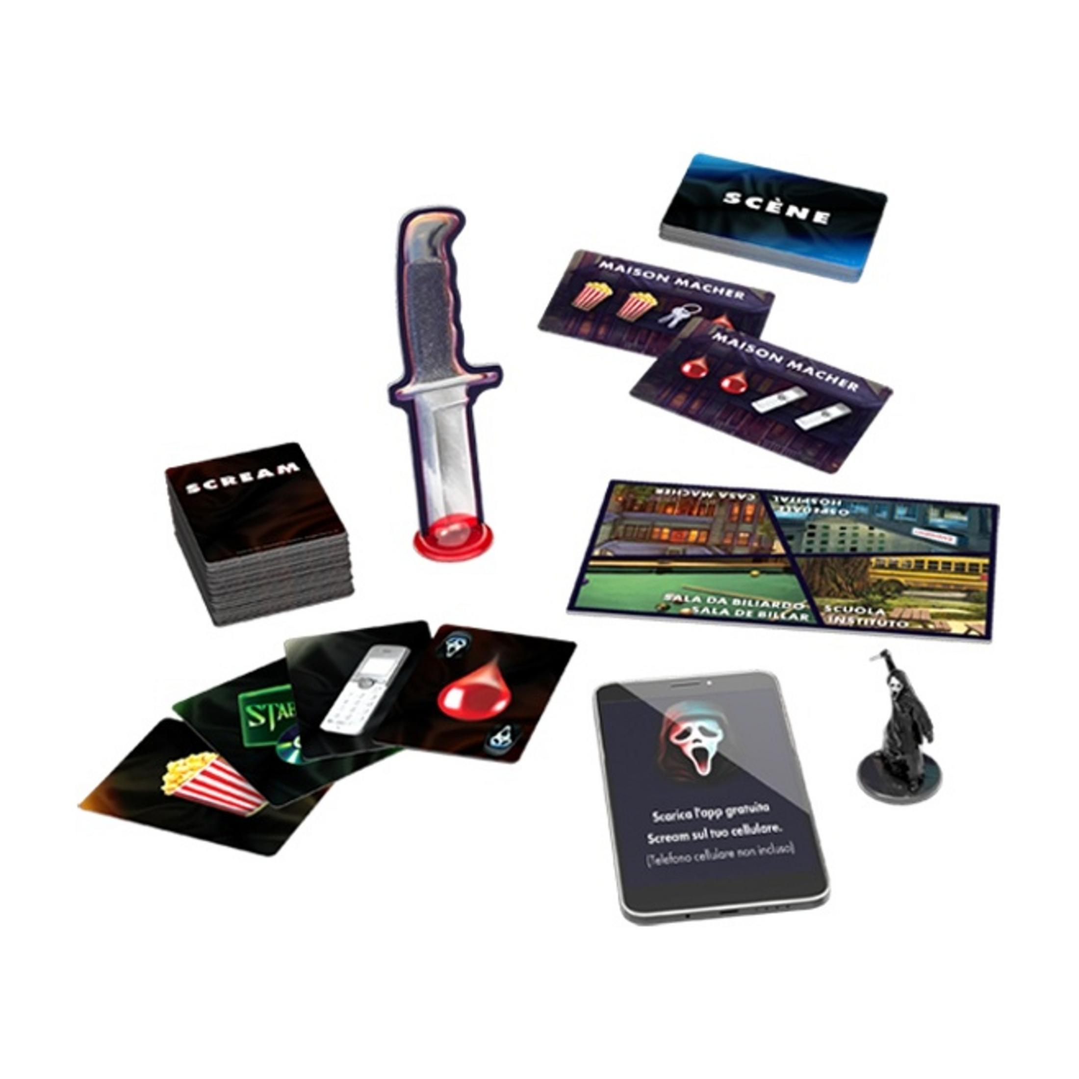 Tarjetas de juego, un cuchillo, un teléfono y una figura sobre fondo blanco.