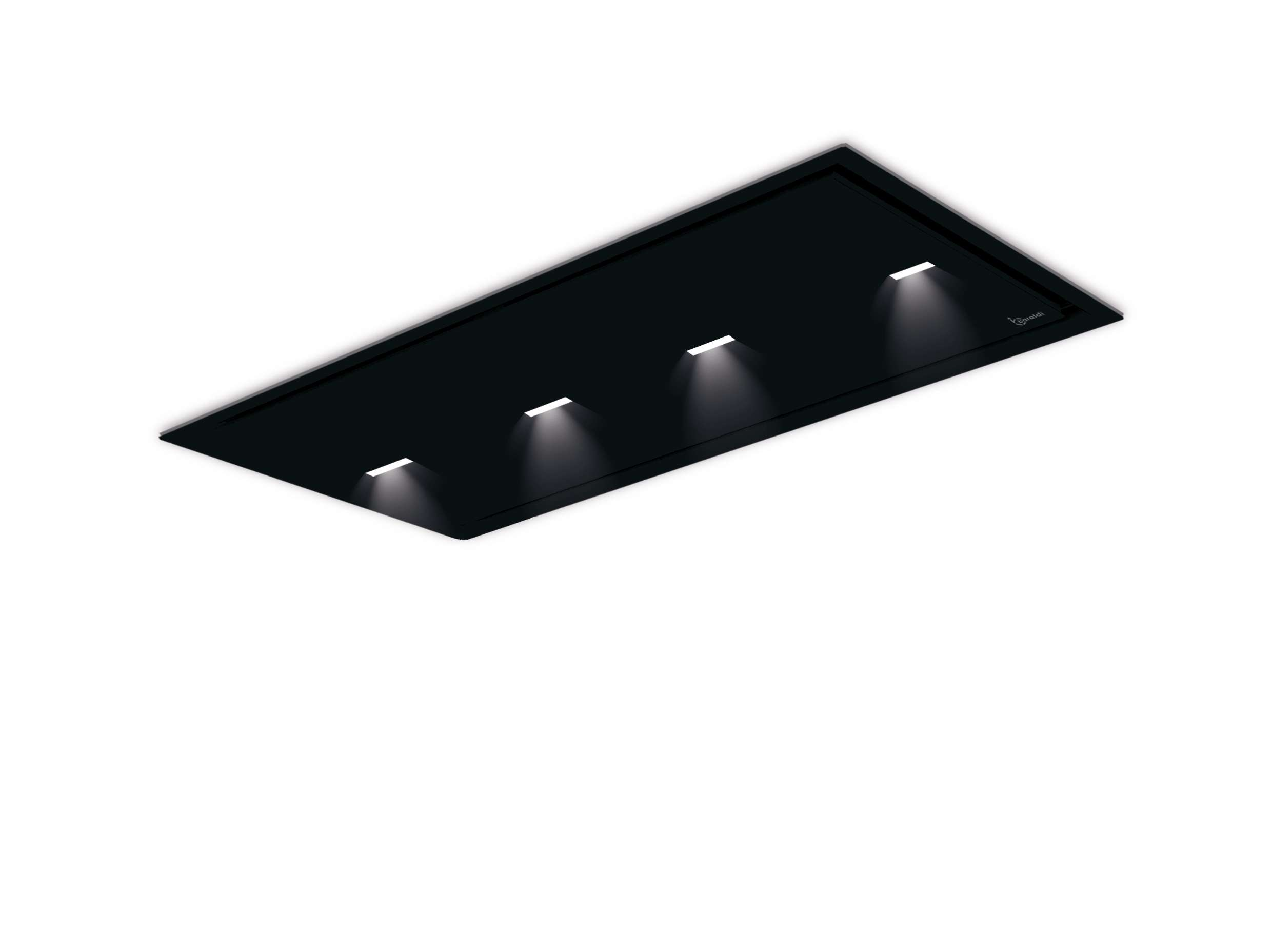 Cappa aspirante nera con quattro luci integrate.