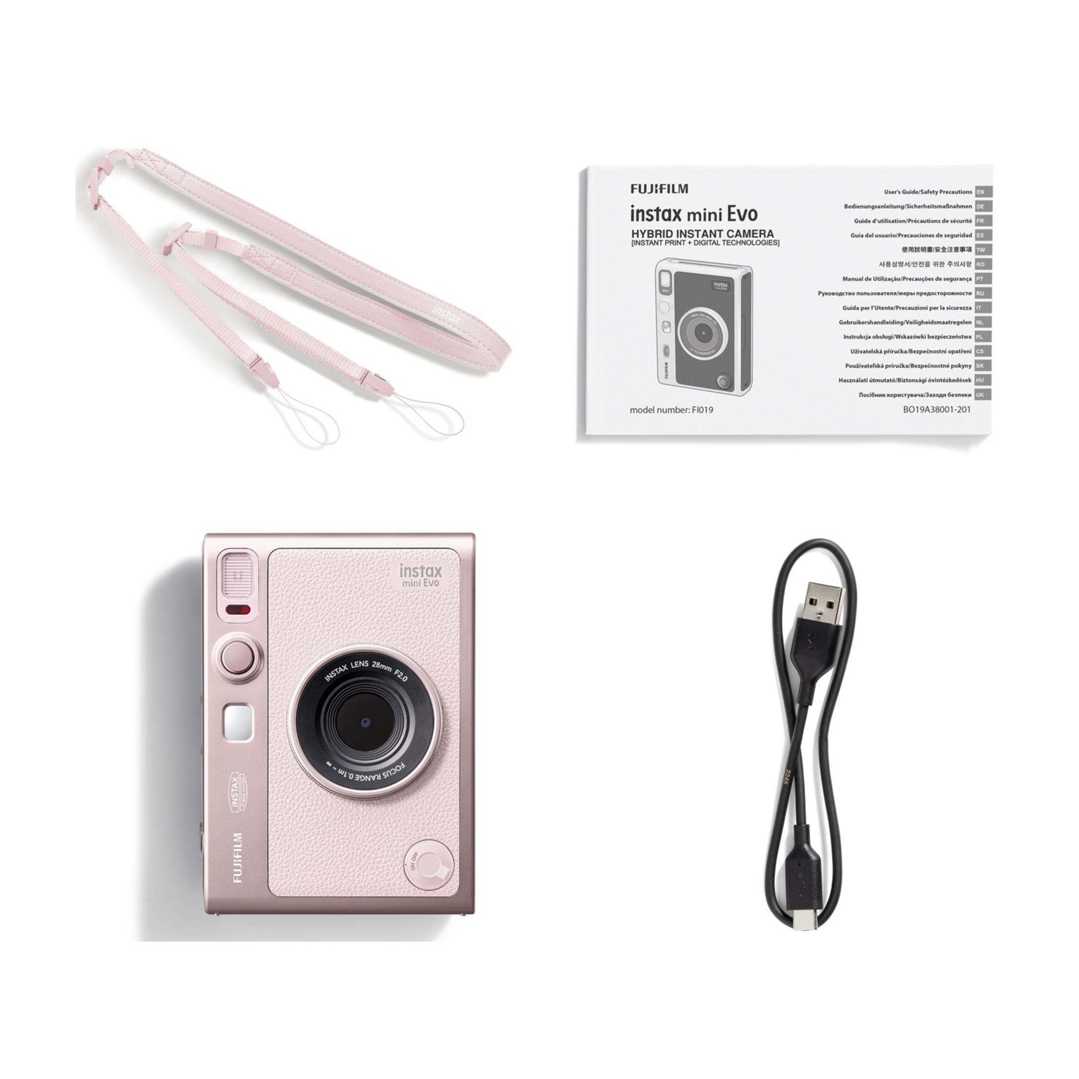Una cámara Instax Mini Evo rosa, un manual y un cable USB.