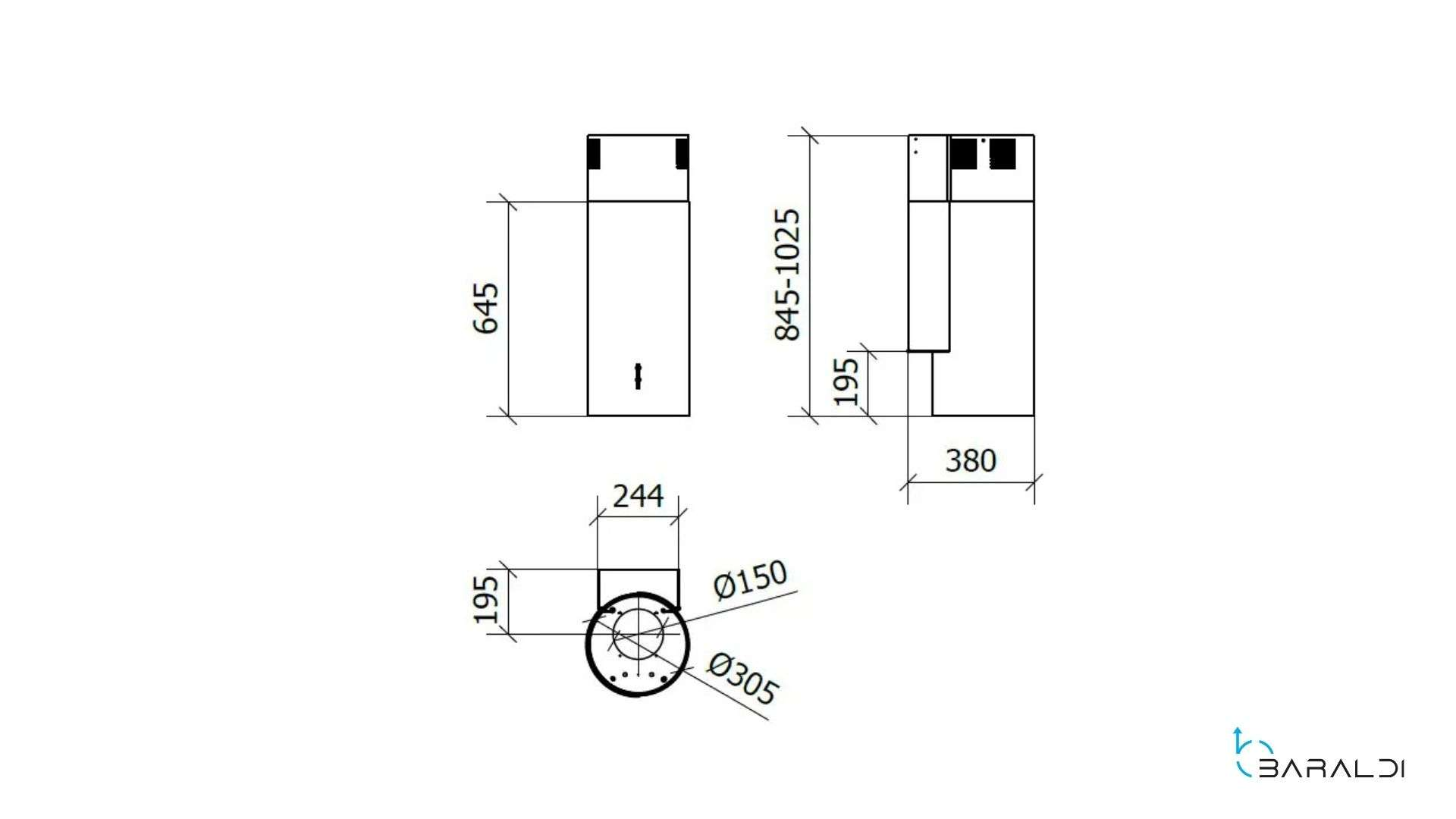 Disegno tecnico di un dispositivo con dimensioni, viste e dettagli.