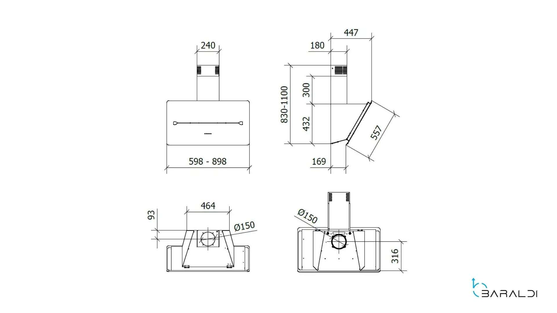Disegno tecnico di una cappa da cucina con dimensioni.