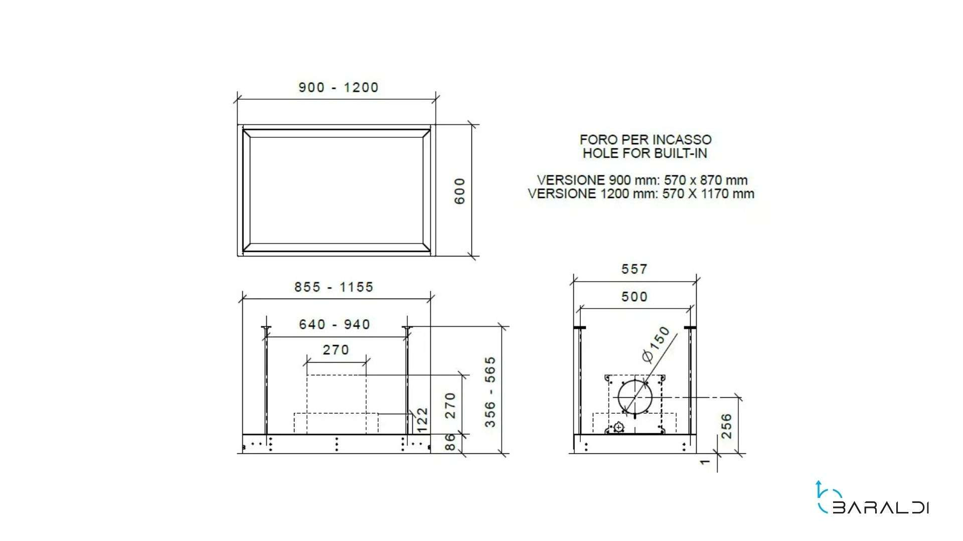 Disegno tecnico con misure per lavello da incasso, varie viste.