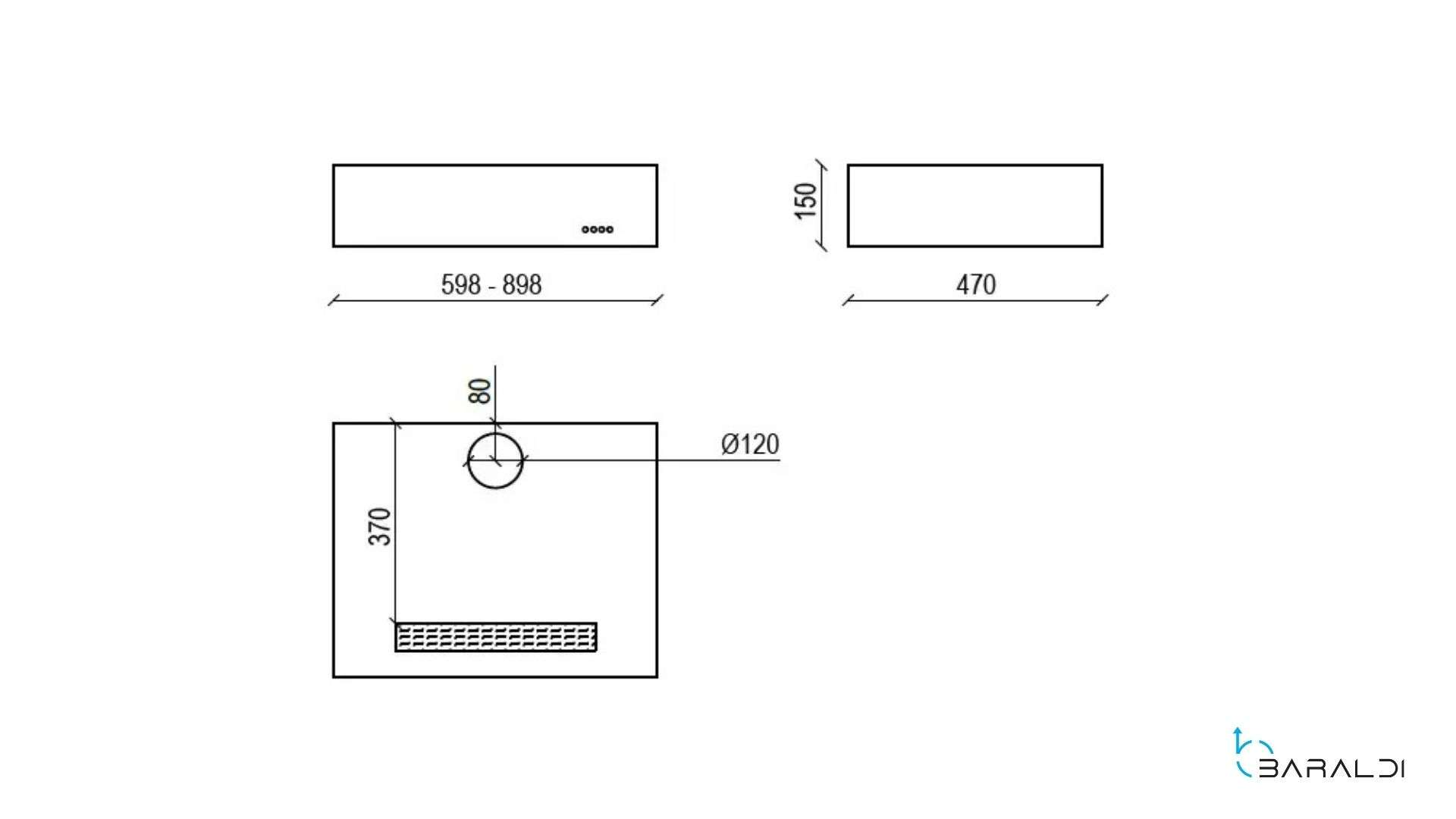 Disegno tecnico di installazione cappa con dimensioni.
