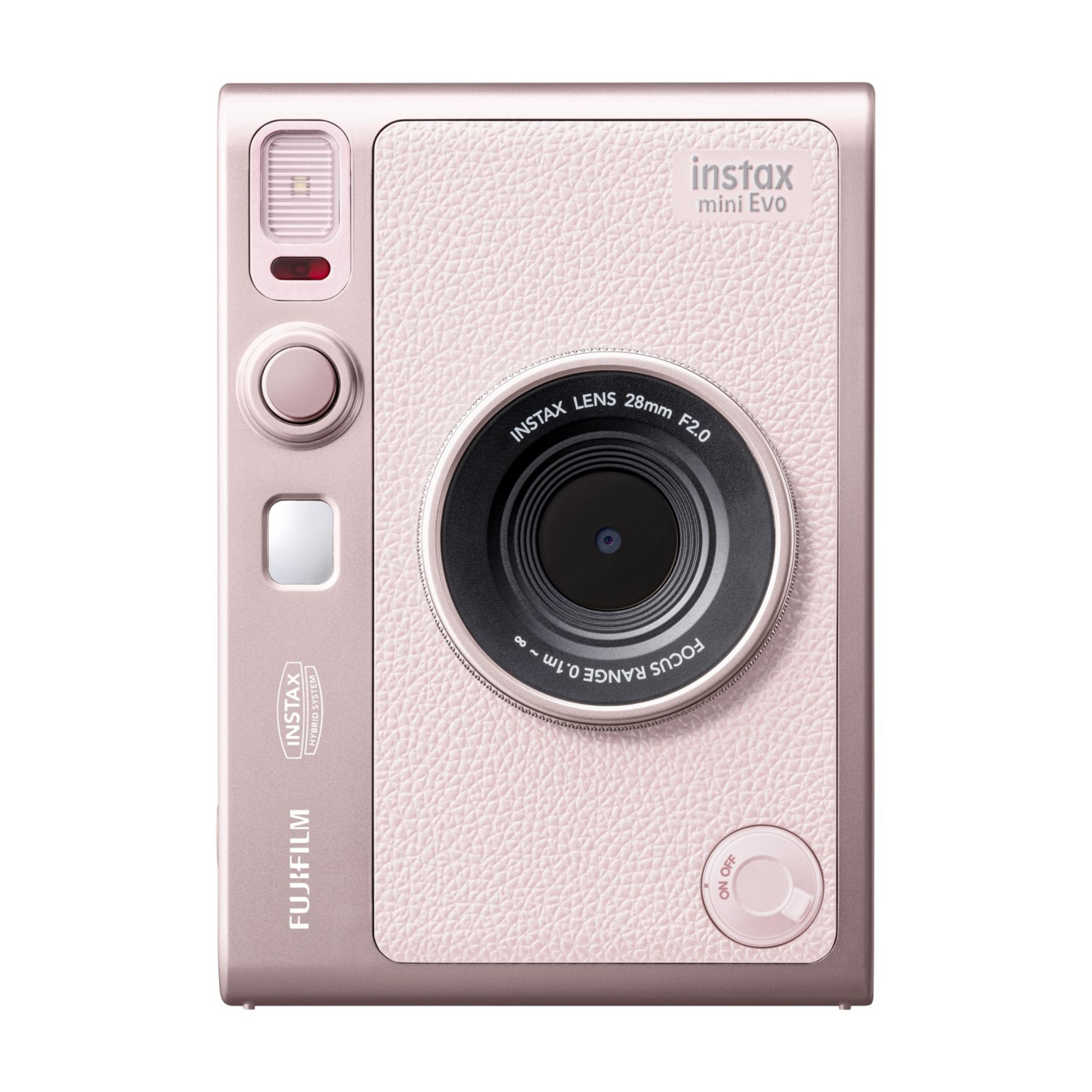 Una cámara instantánea Instax Mini Evo rosa con lente y controles.