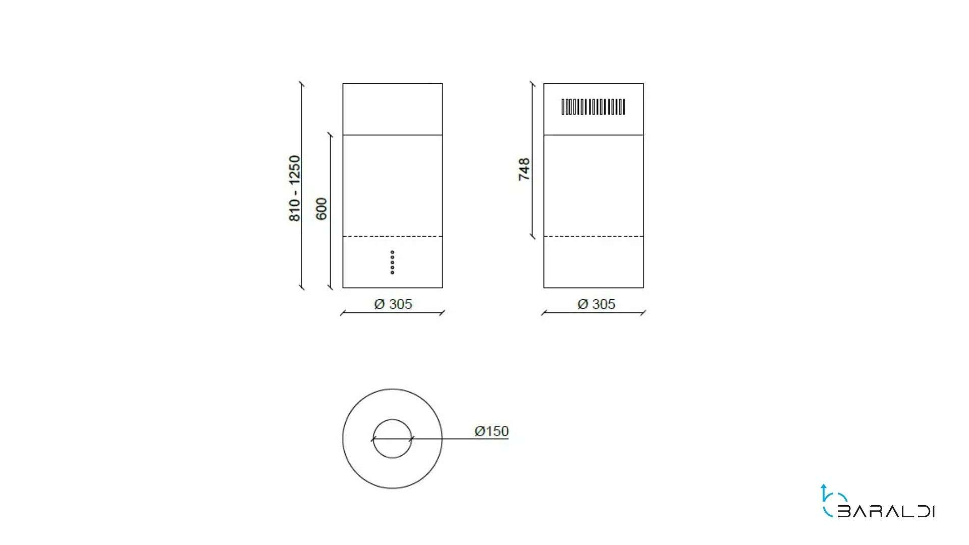 Disegno tecnico di un oggetto cilindrico con dimensioni.
