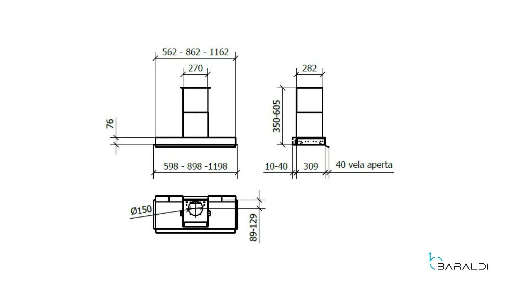 Disegno tecnico con dimensioni per un dispositivo, che mostra viste verticali e orizzontali.