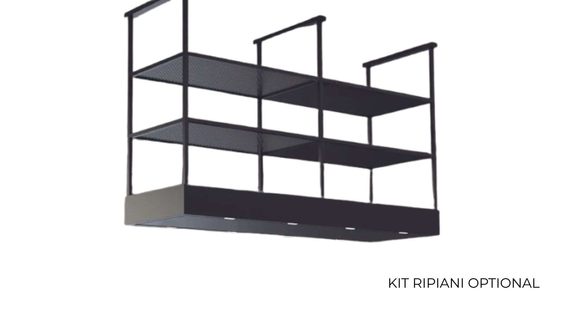 Scaffale nero a tre livelli sospeso al soffitto.