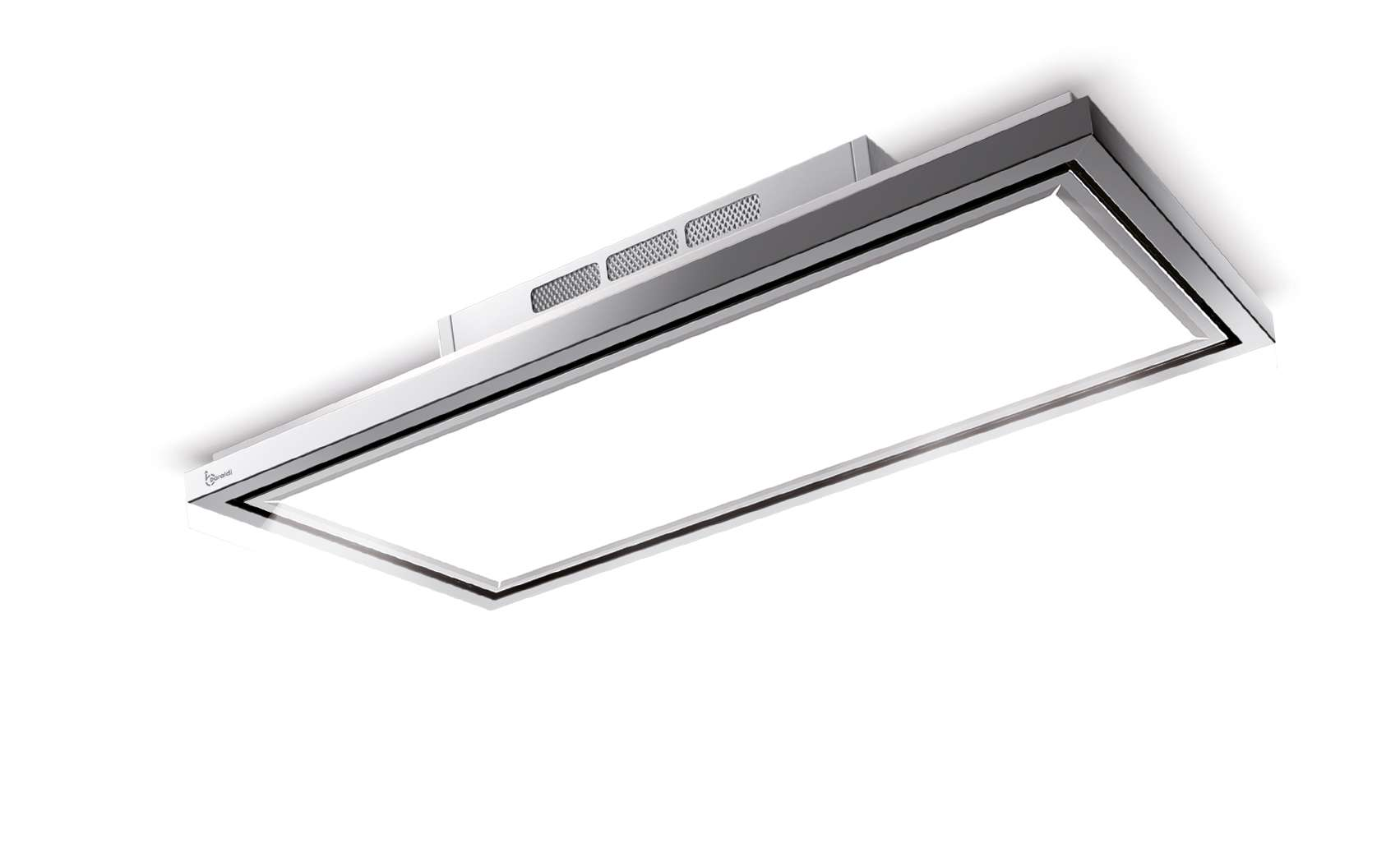 Cappa aspirante rettangolare moderna con illuminazione e griglie metalliche.