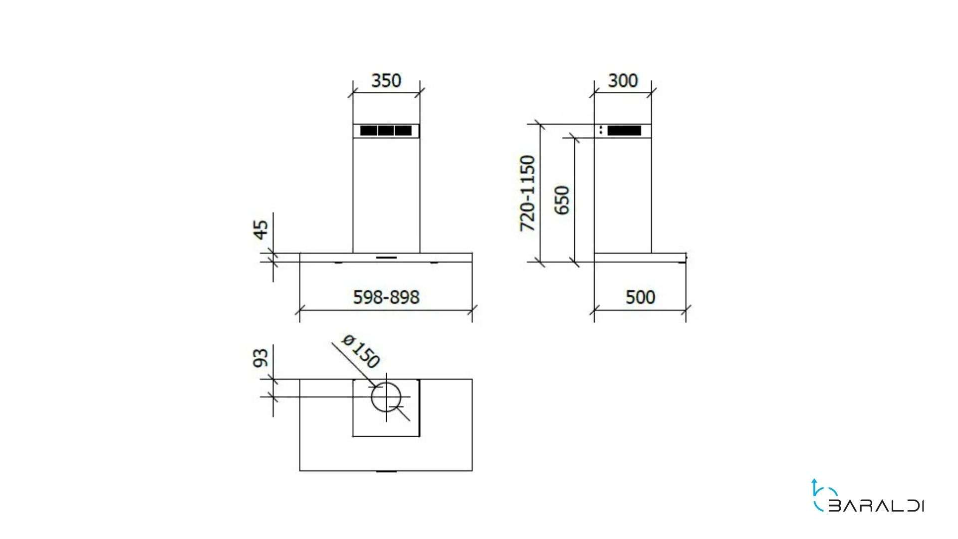 Disegno tecnico di una cappa aspirante con dimensioni.