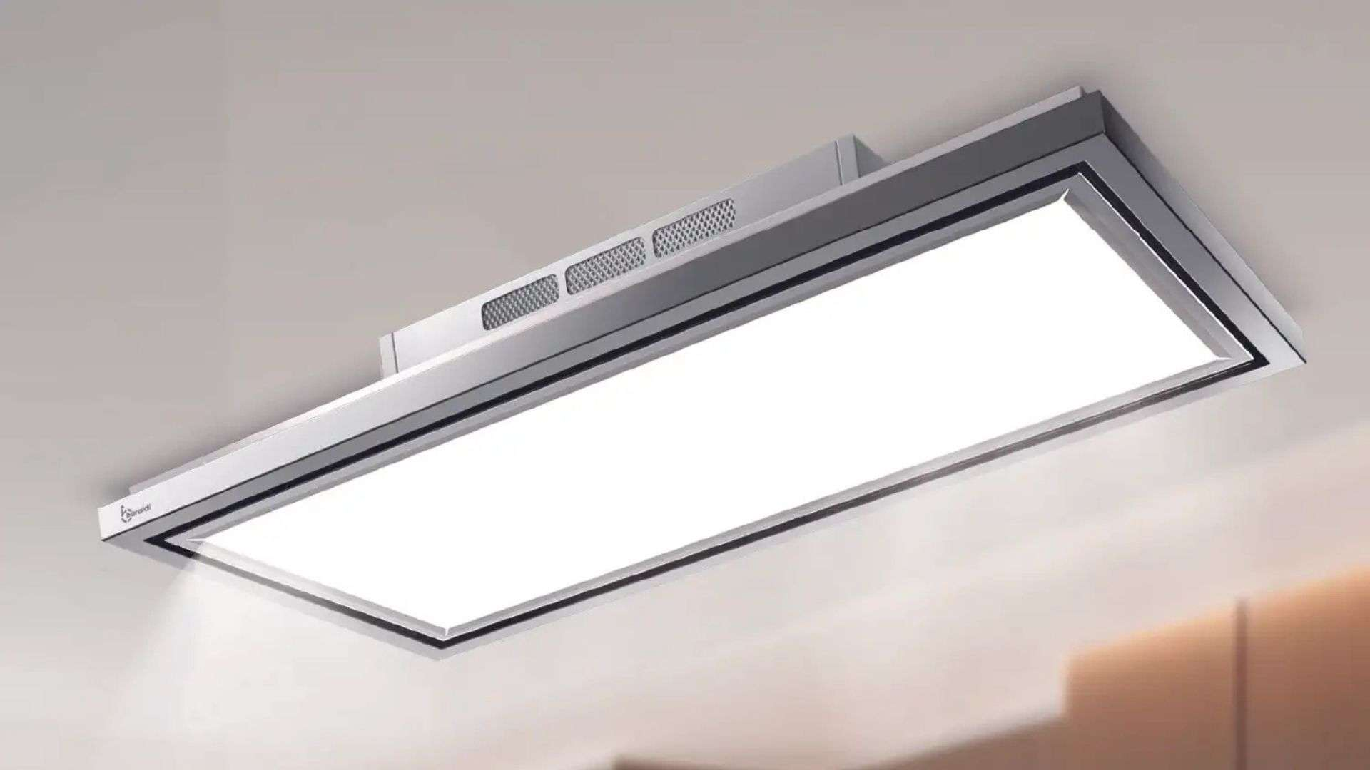 Una cappa moderna e rettangolare con illuminazione integrata.