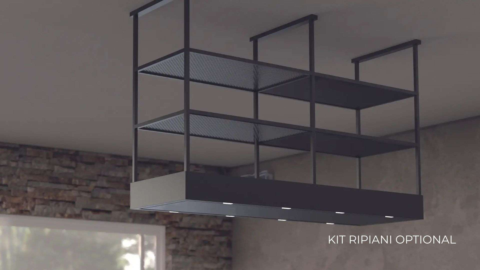 Una cappa da soffitto moderna con tre ripiani sopra. La cappa ha le luci.