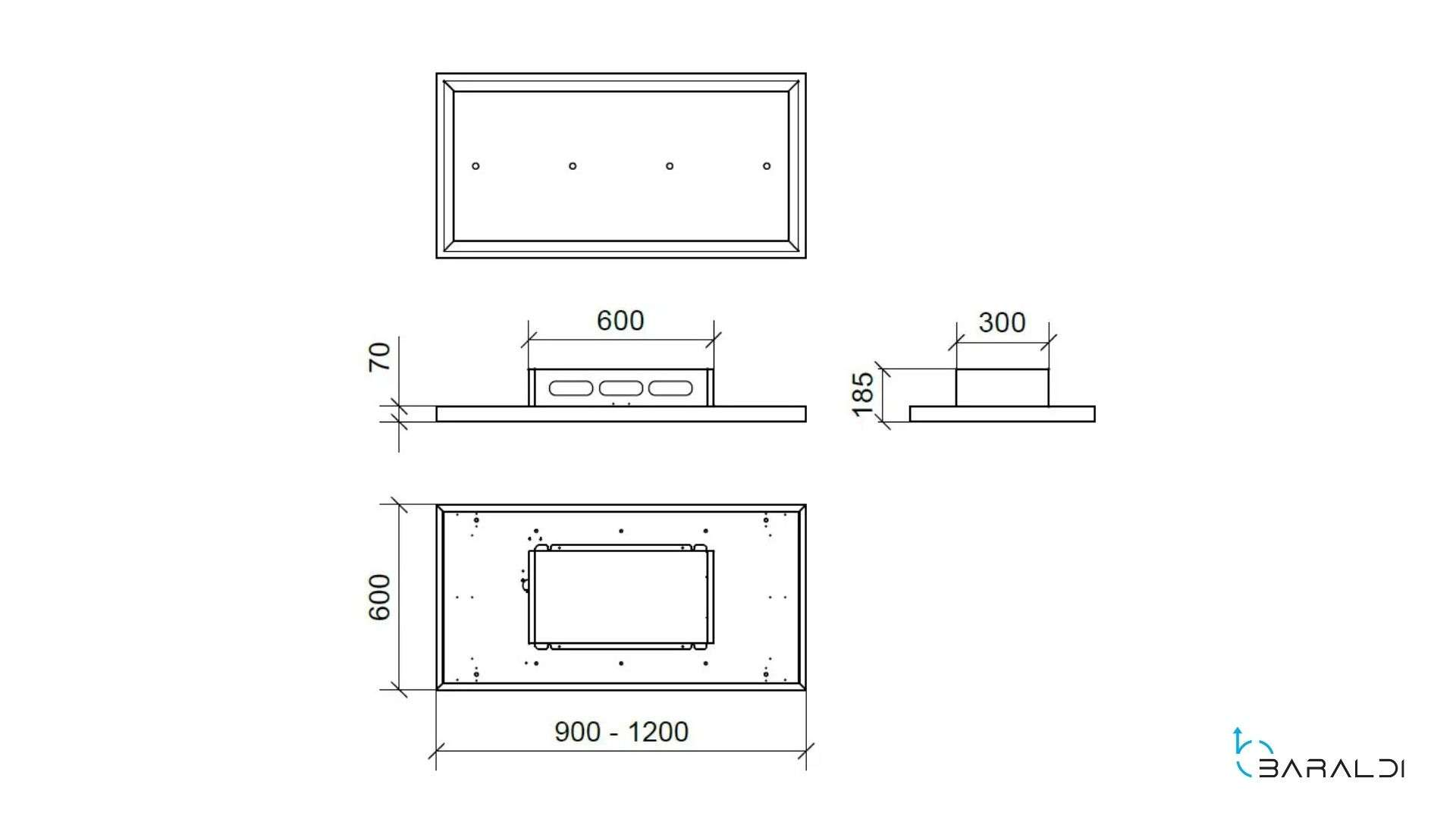 Disegno tecnico di un dispositivo rettangolare con dimensioni e viste.