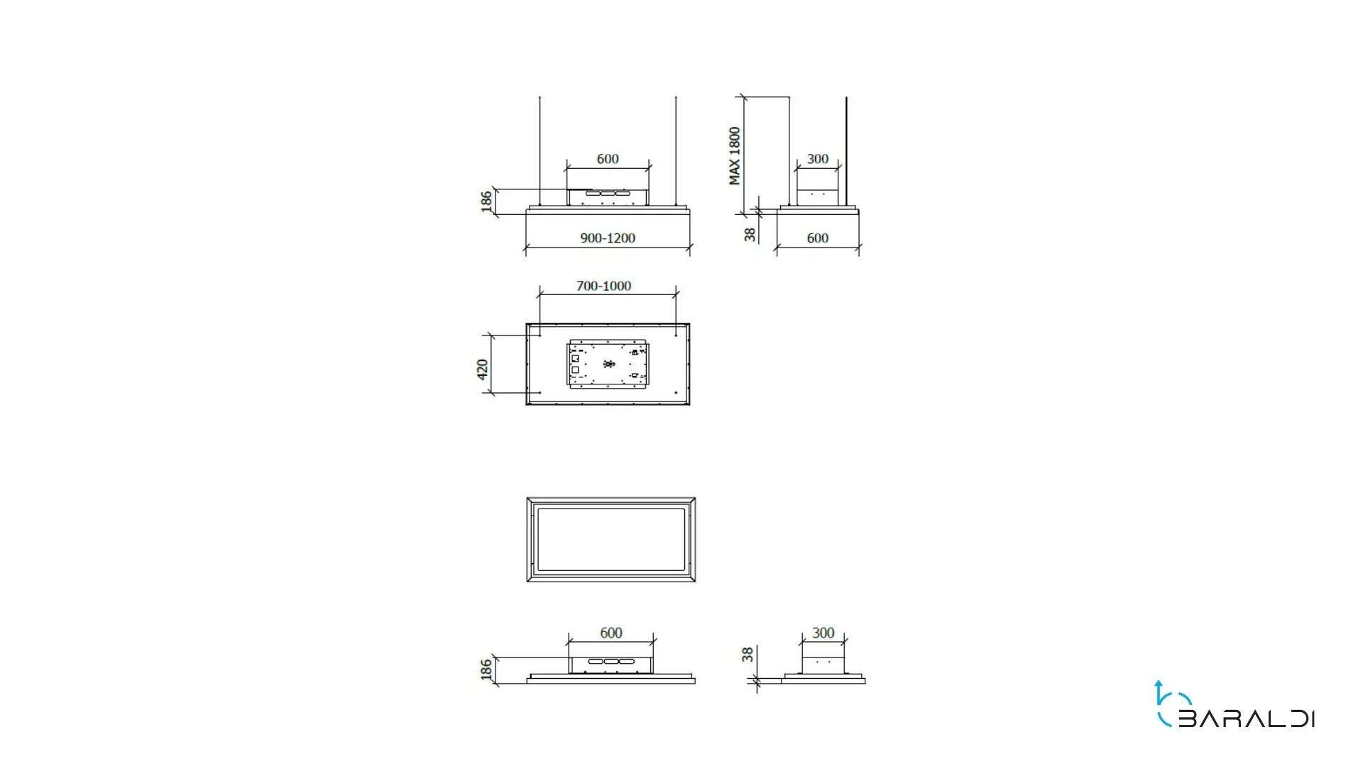 Disegno tecnico di una cappa da cucina con dimensioni.