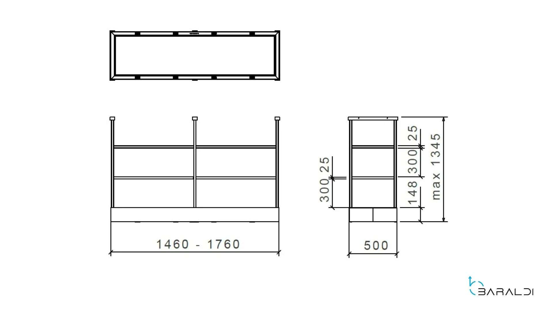 Disegno tecnico di una mensola con dimensioni e viste.