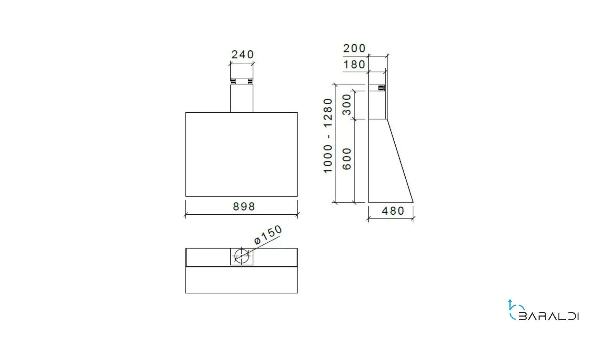 Disegno tecnico di una cappa da cucina con dimensioni.