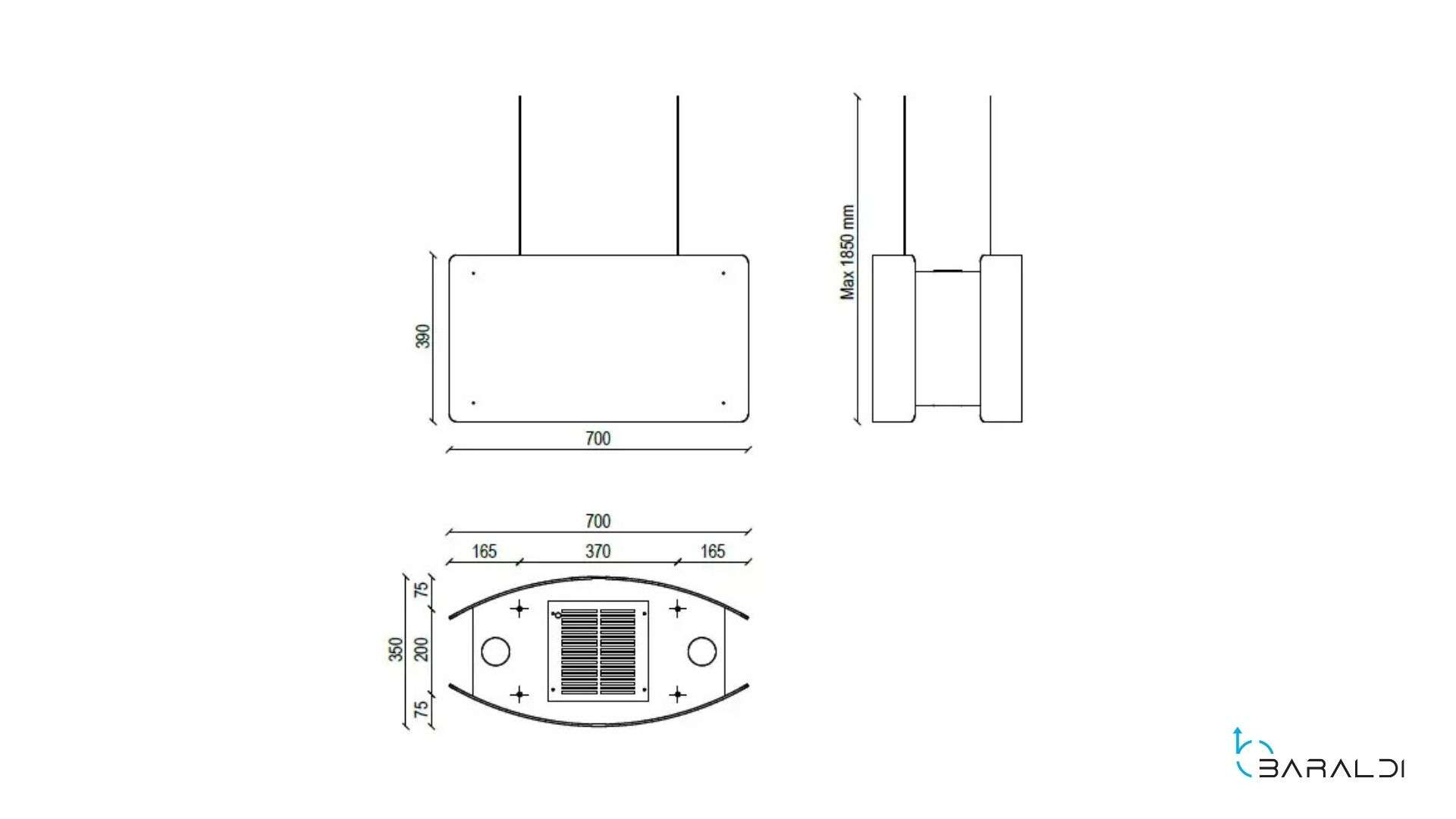 Disegno tecnico di un prototipo di cappa con dimensioni.