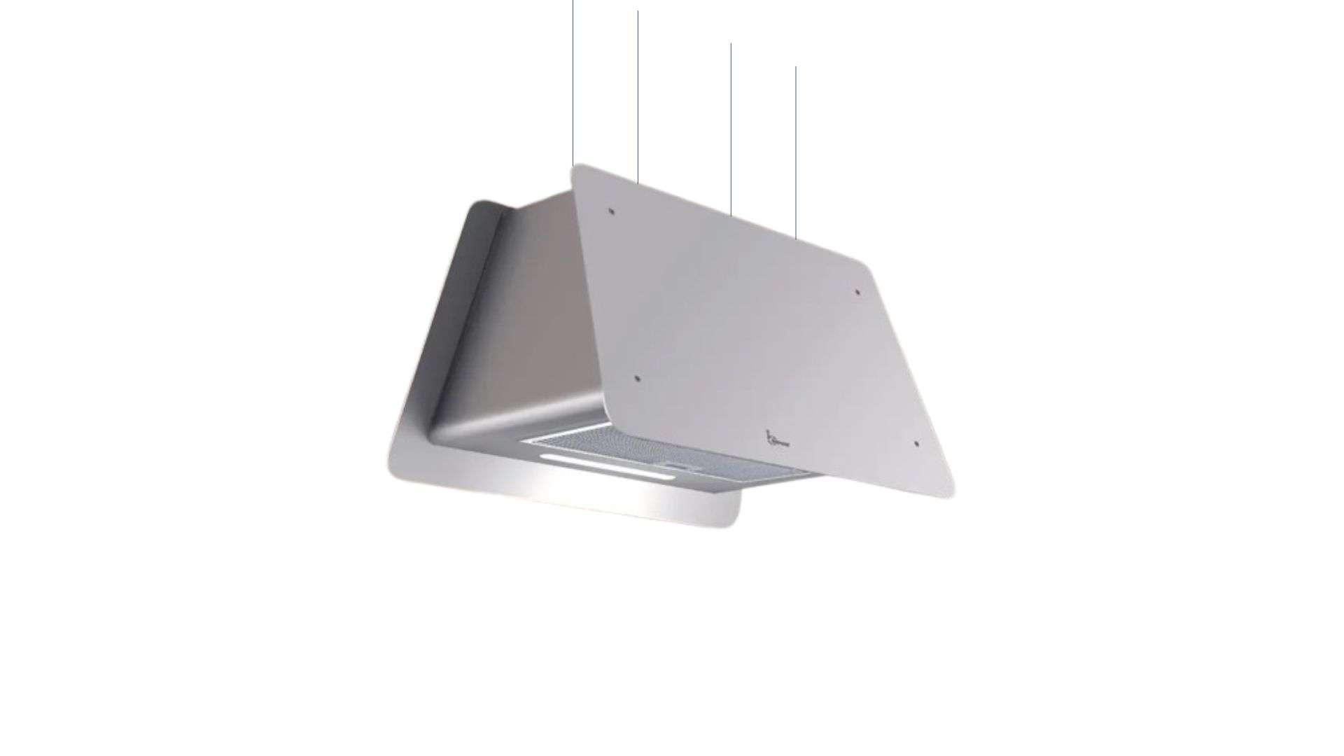 Una cappa da cucina argentata pende dal soffitto.