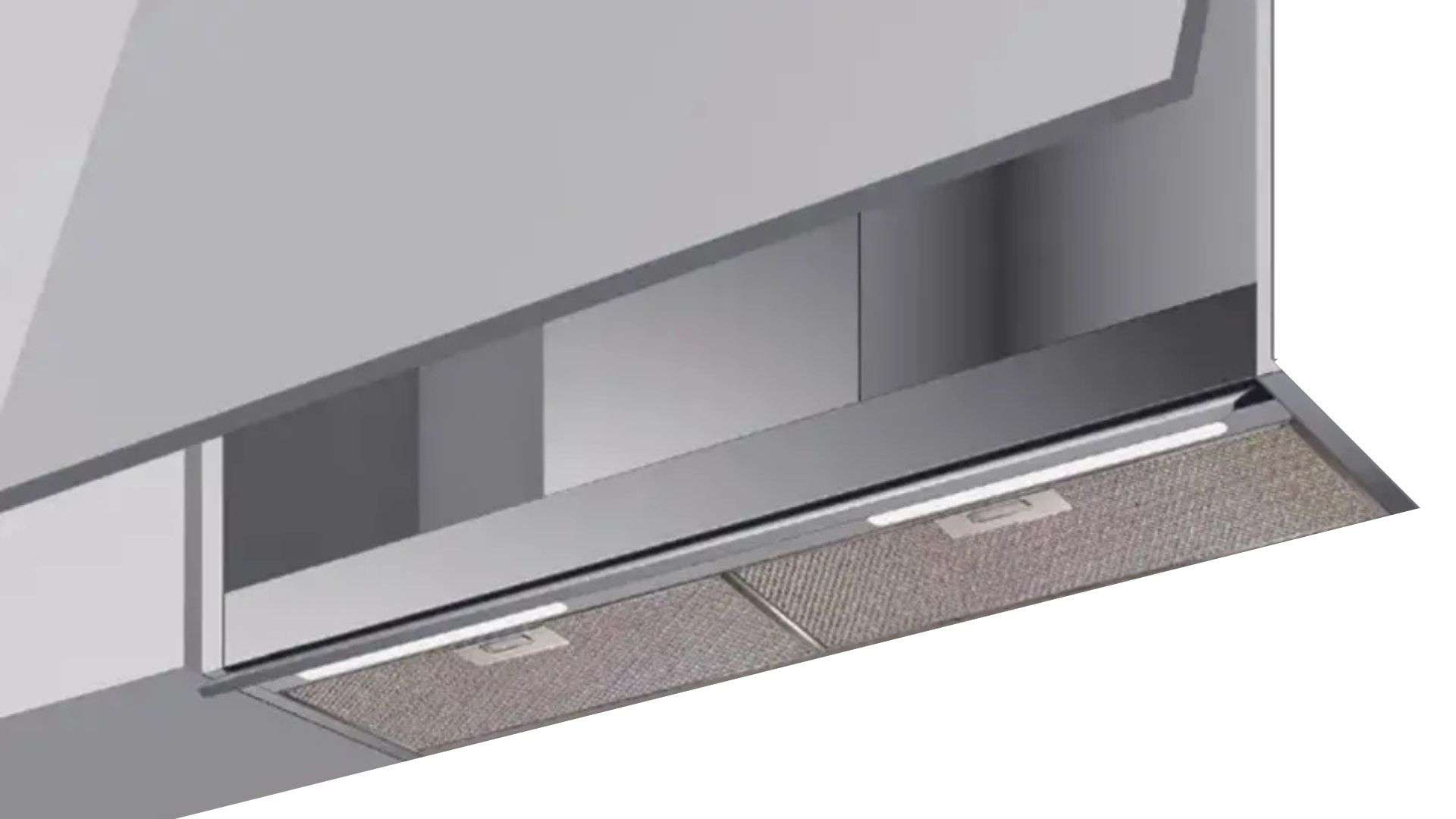 Una cappa aspirante in acciaio inox con luci e filtri.
