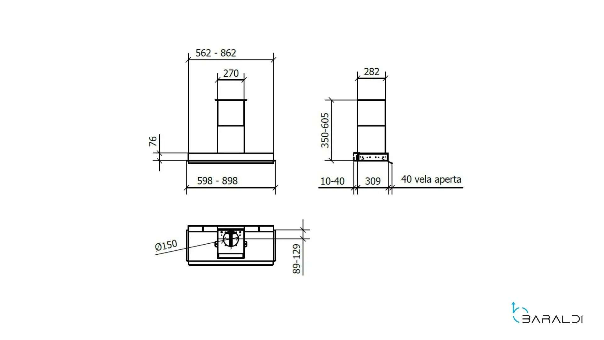 Disegno tecnico con dimensioni per un dispositivo. Vista sinistra, vista destra, vista inferiore.