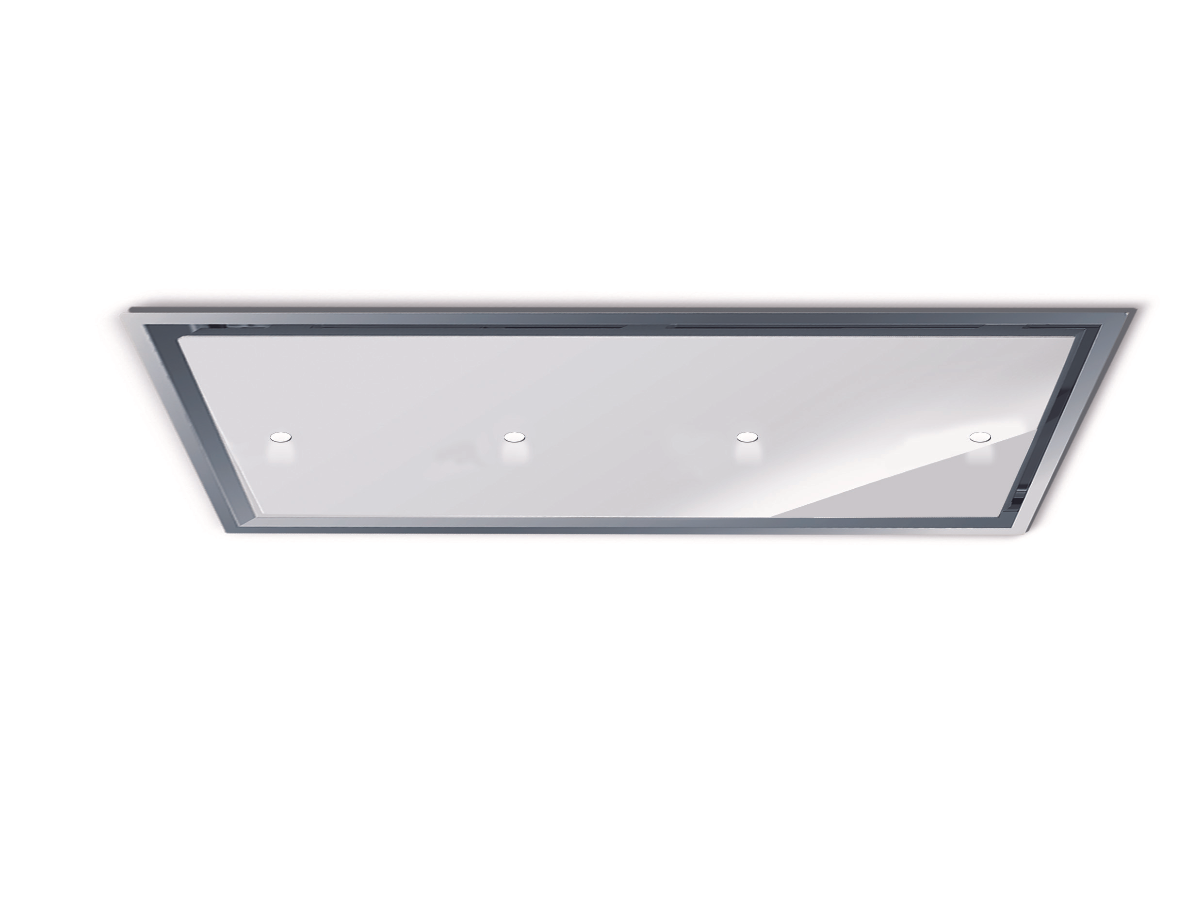Cappa da soffitto moderna, cornice argentata, superficie bianca con tre luci.