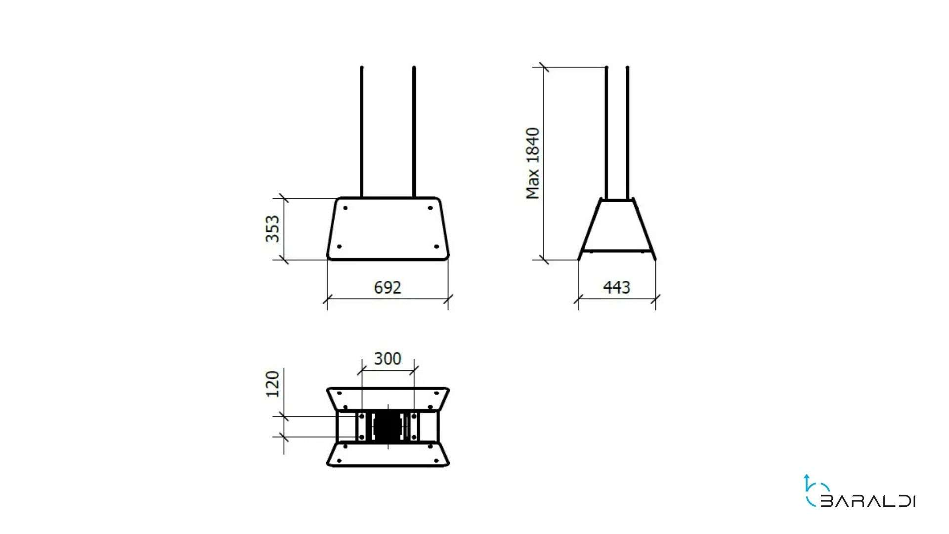Disegno tecnico: Base con colonne, dimensioni fornite (A 353, L 692, 443, 120, 300, Max 1840).