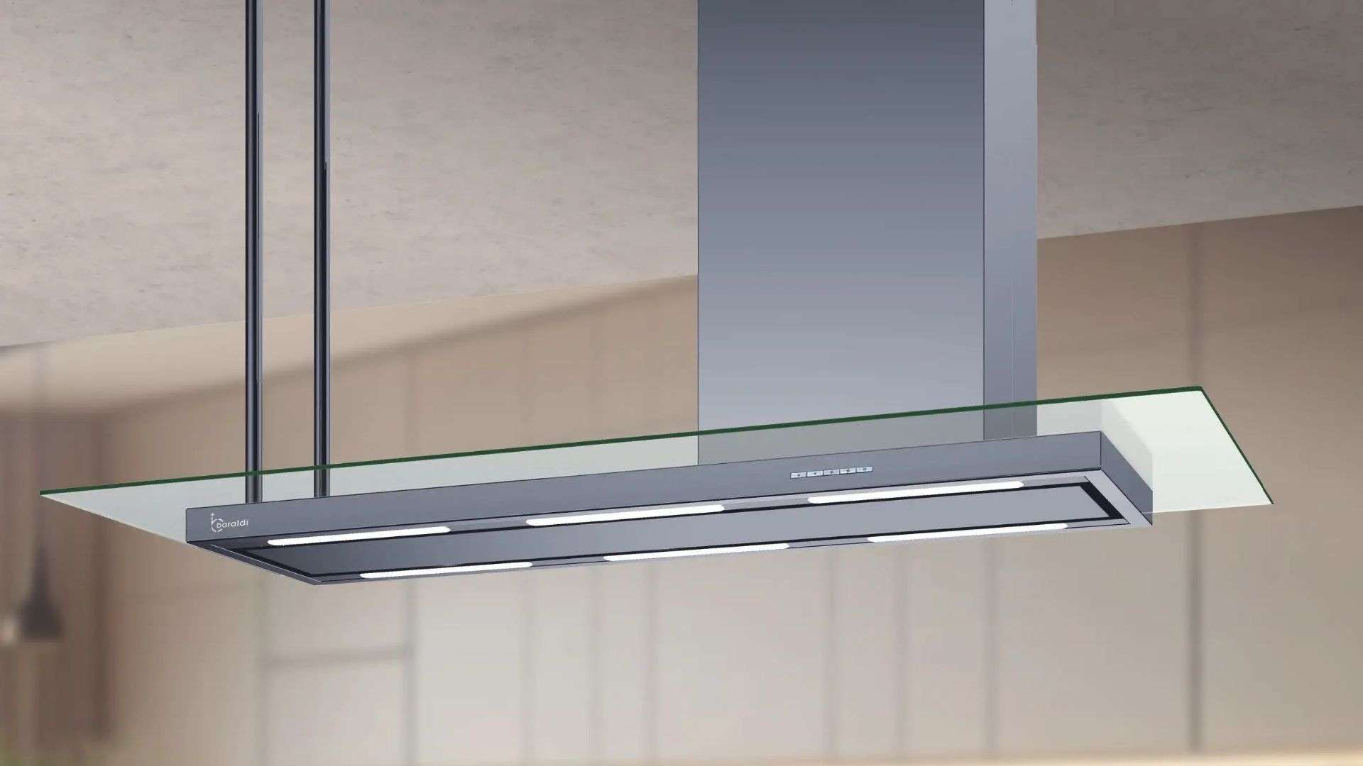Moderna cappa in metallo e vetro con luci LED.