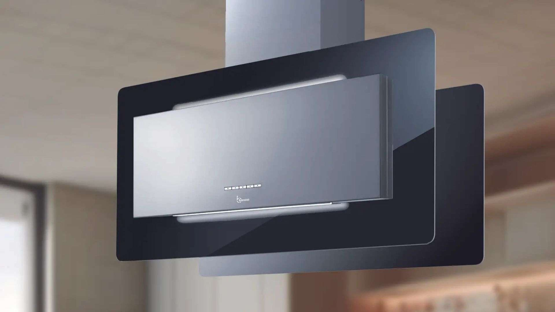 Una cappa da cucina moderna in metallo e vetro, con controlli digitali.
