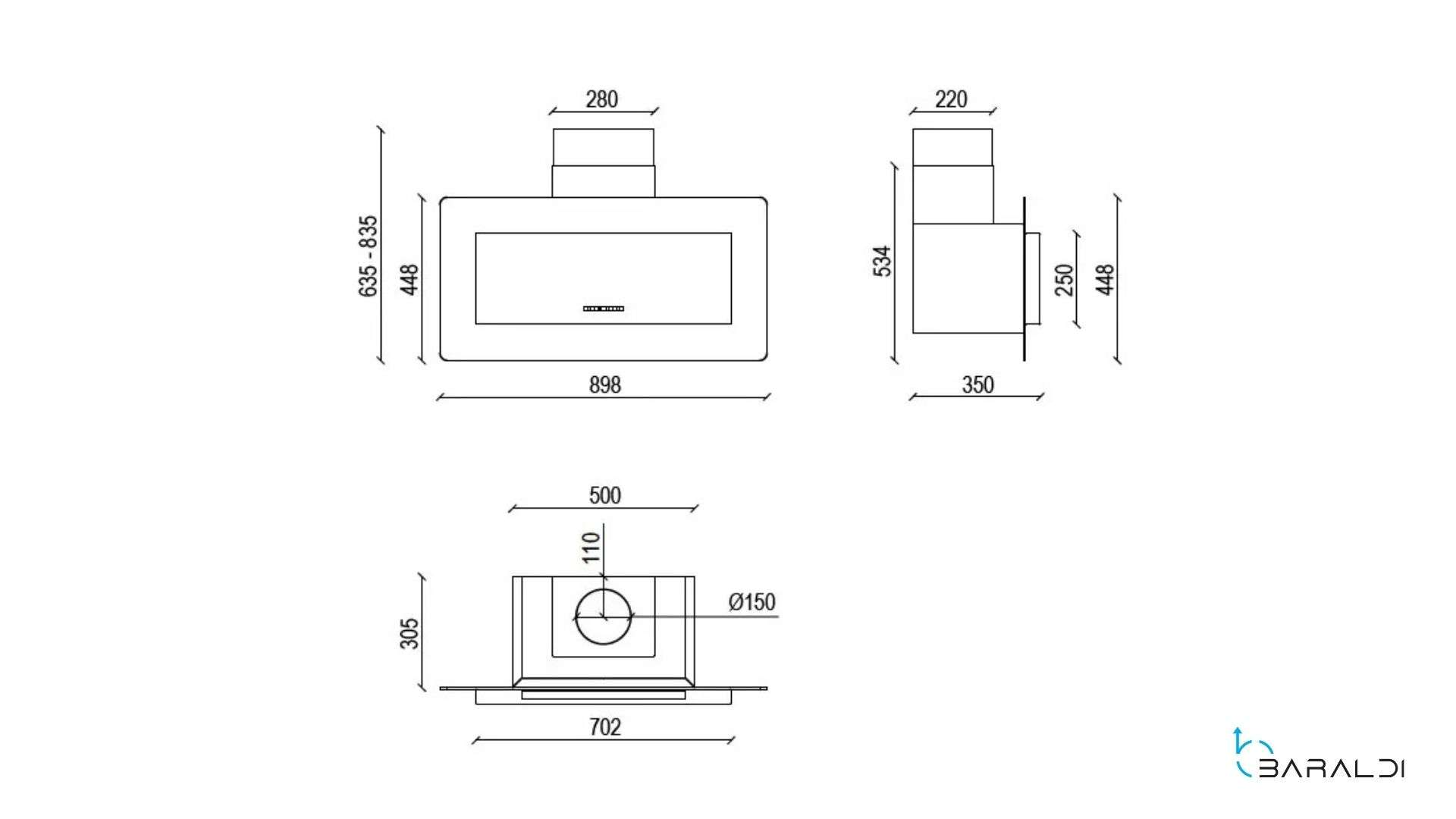 Disegno tecnico di una cappa da cucina con dimensioni.
