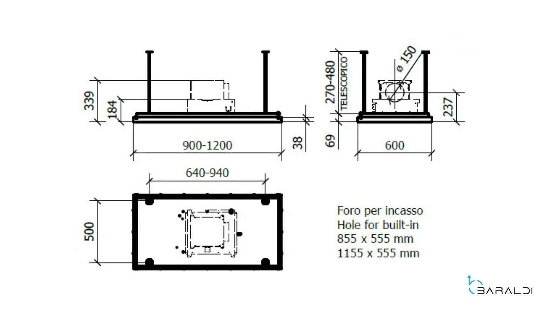 Disegno tecnico con dimensioni per funzione ad incasso e telescopica.