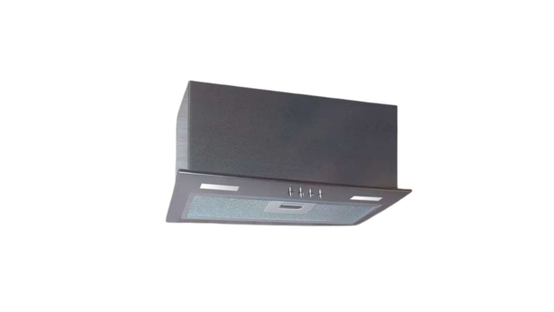 Cappa da cucina grigio scuro con luci e pulsanti.