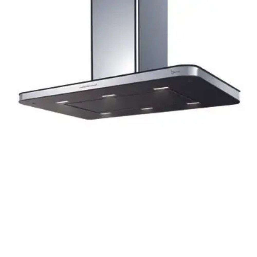 Una moderna cappa aspirante in acciaio inox e vetro nero.