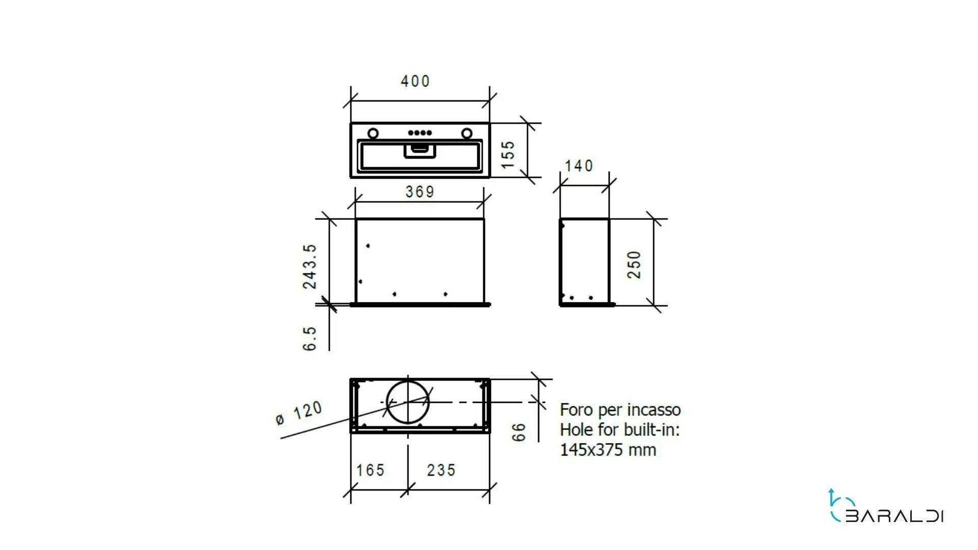 Disegno tecnico di una cappa aspirante con dimensioni e misure da incasso.