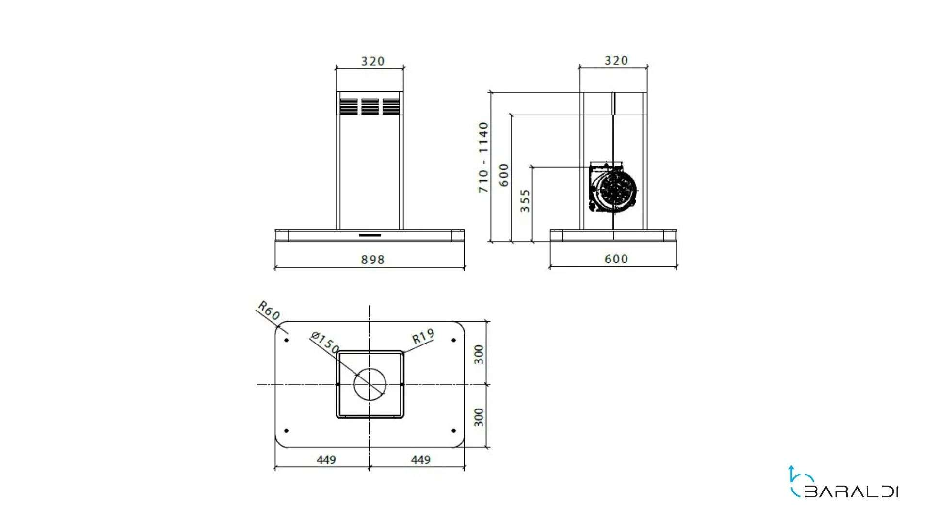 Disegno tecnico di una cappa da cucina con dimensioni in mm.