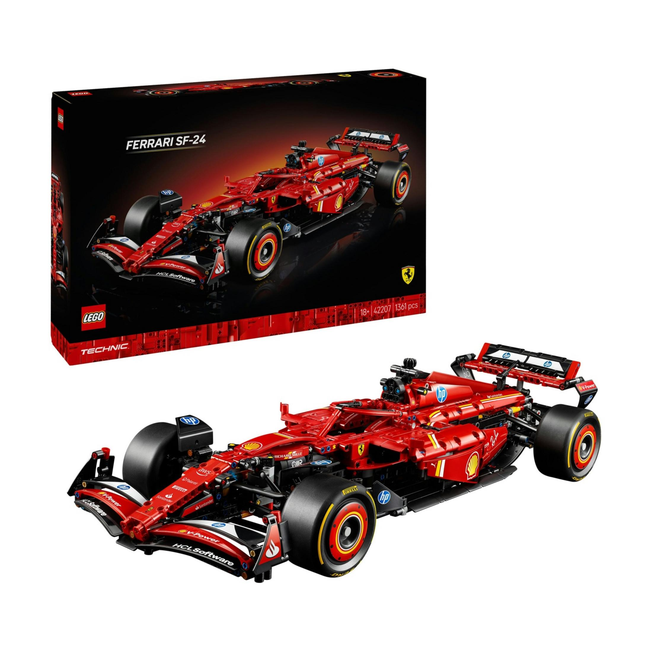 Czerwony model samochodu wyścigowego Lego Ferrari SF-24 i jego pudełko.