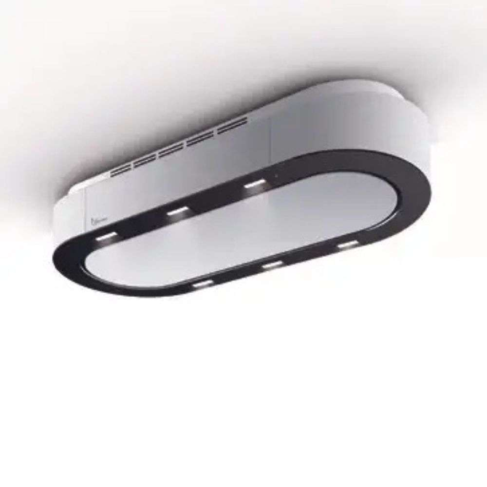 Cappa da soffitto ovale con luci integrate e bordo scuro.