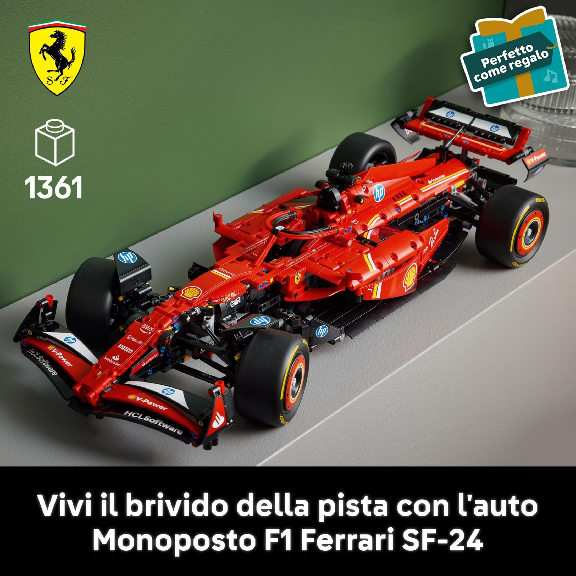 Czerwony bolid F1 Lego z logo Ferrari i wieloma naklejkami sponsorów.