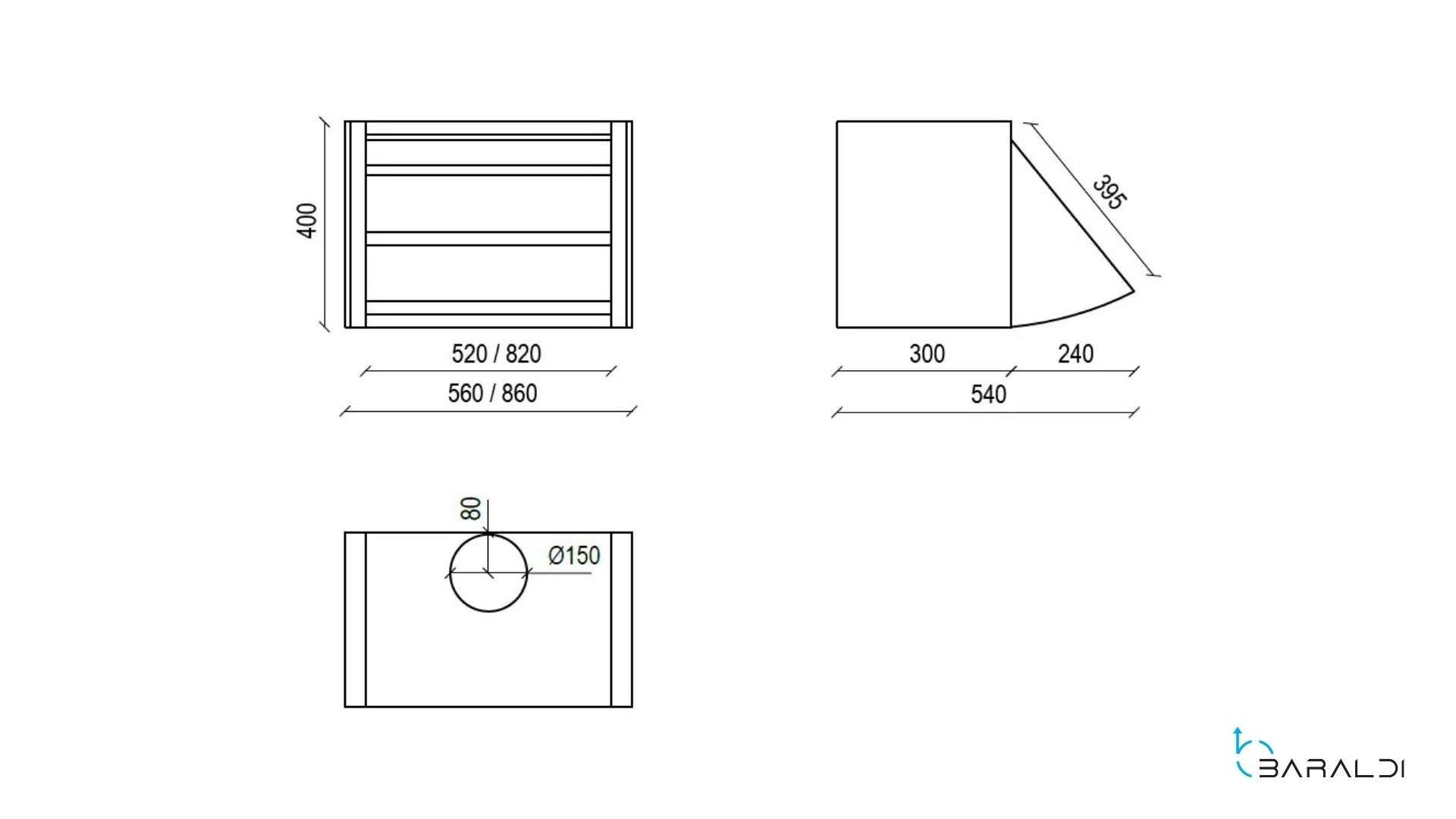 Disegno tecnico con tre viste e dimensioni di un oggetto.