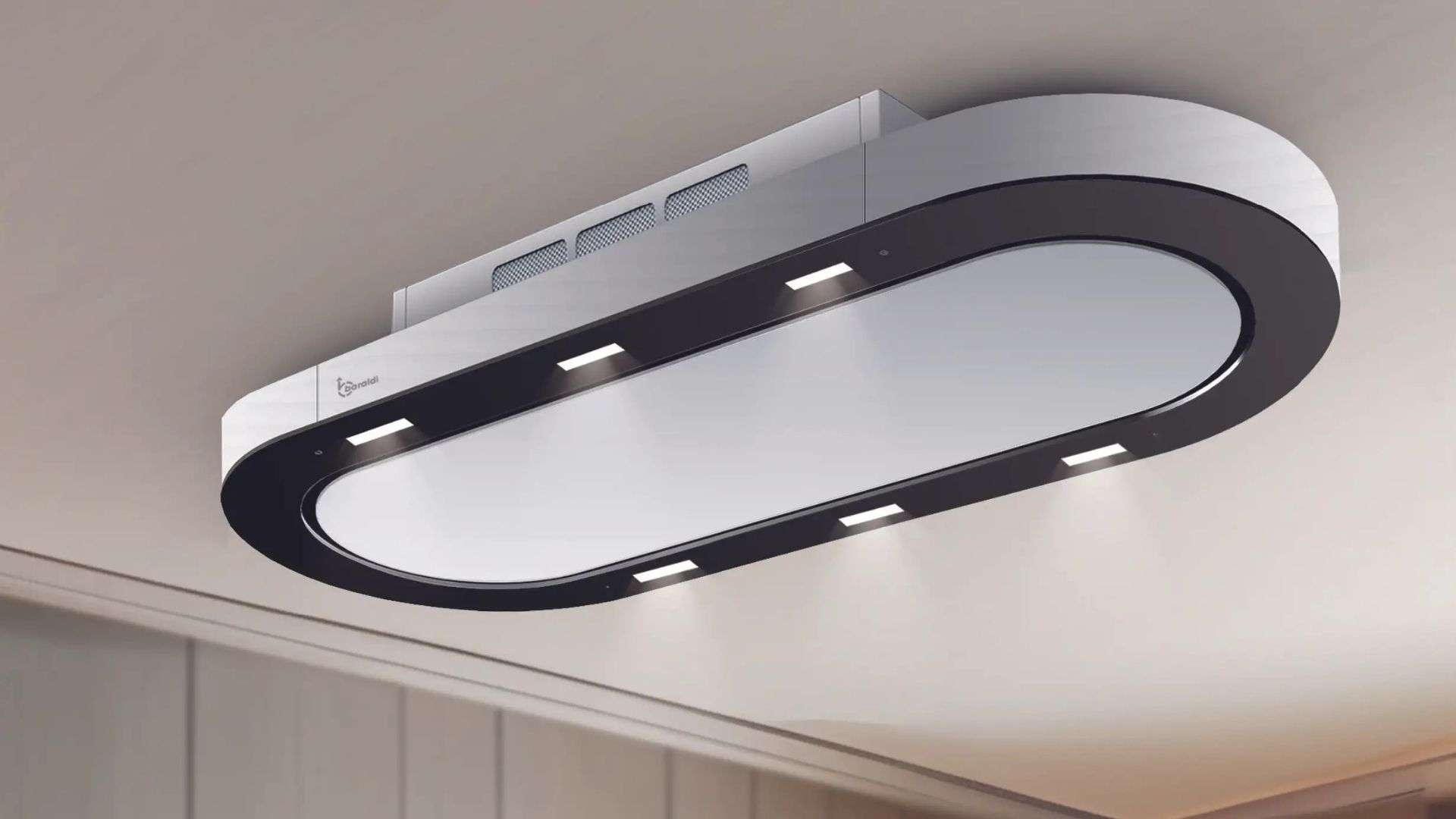 Una cappa da soffitto ovale con luci integrate.