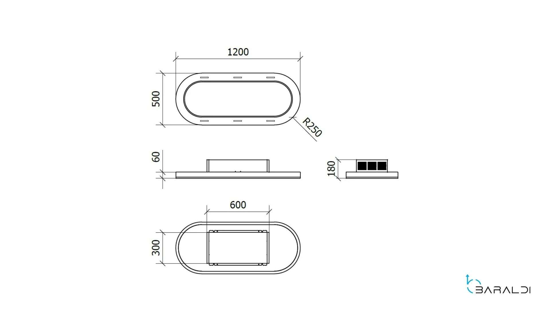 Disegno tecnico di un oggetto ovale con dimensioni.