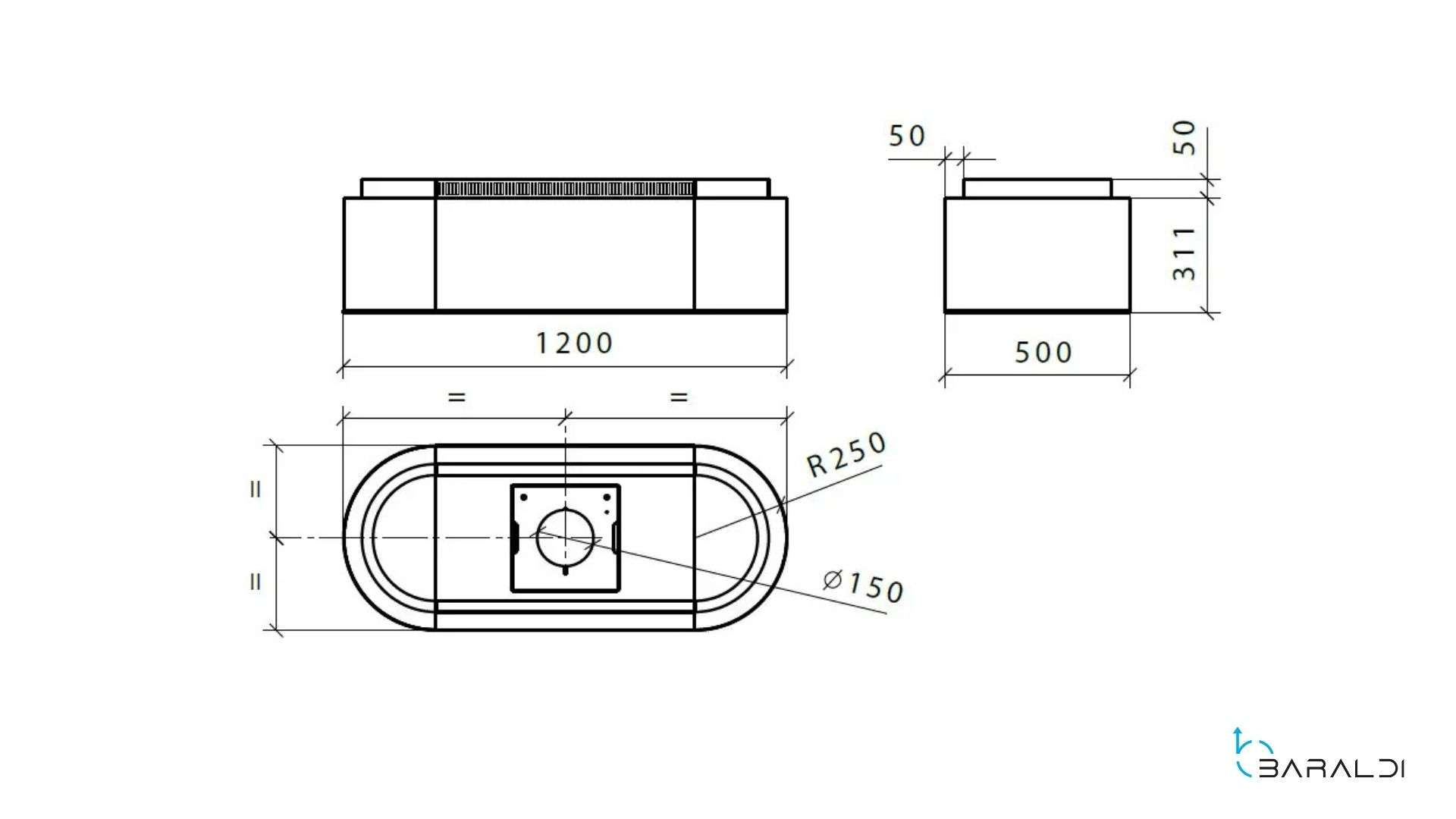 Disegno tecnico di un oggetto rettangolare con parte superiore ellittica.