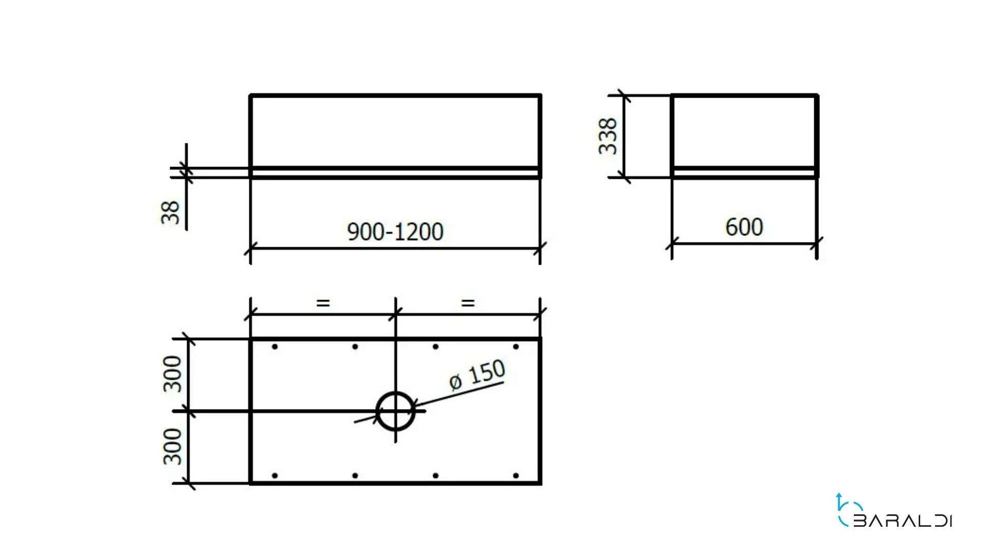 Disegno tecnico con dimensioni per un oggetto rettangolare.